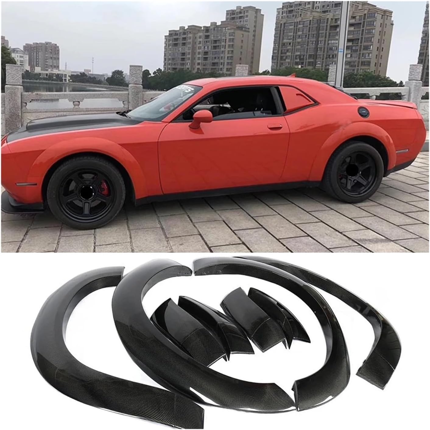 Wheel Arches Compatible for Dodge Challenger GT TA 2017 2018 Wheel Arch Car Side Fender Flares Cover Mudguards Trims Carbon Fiber FRP(FRP Black)