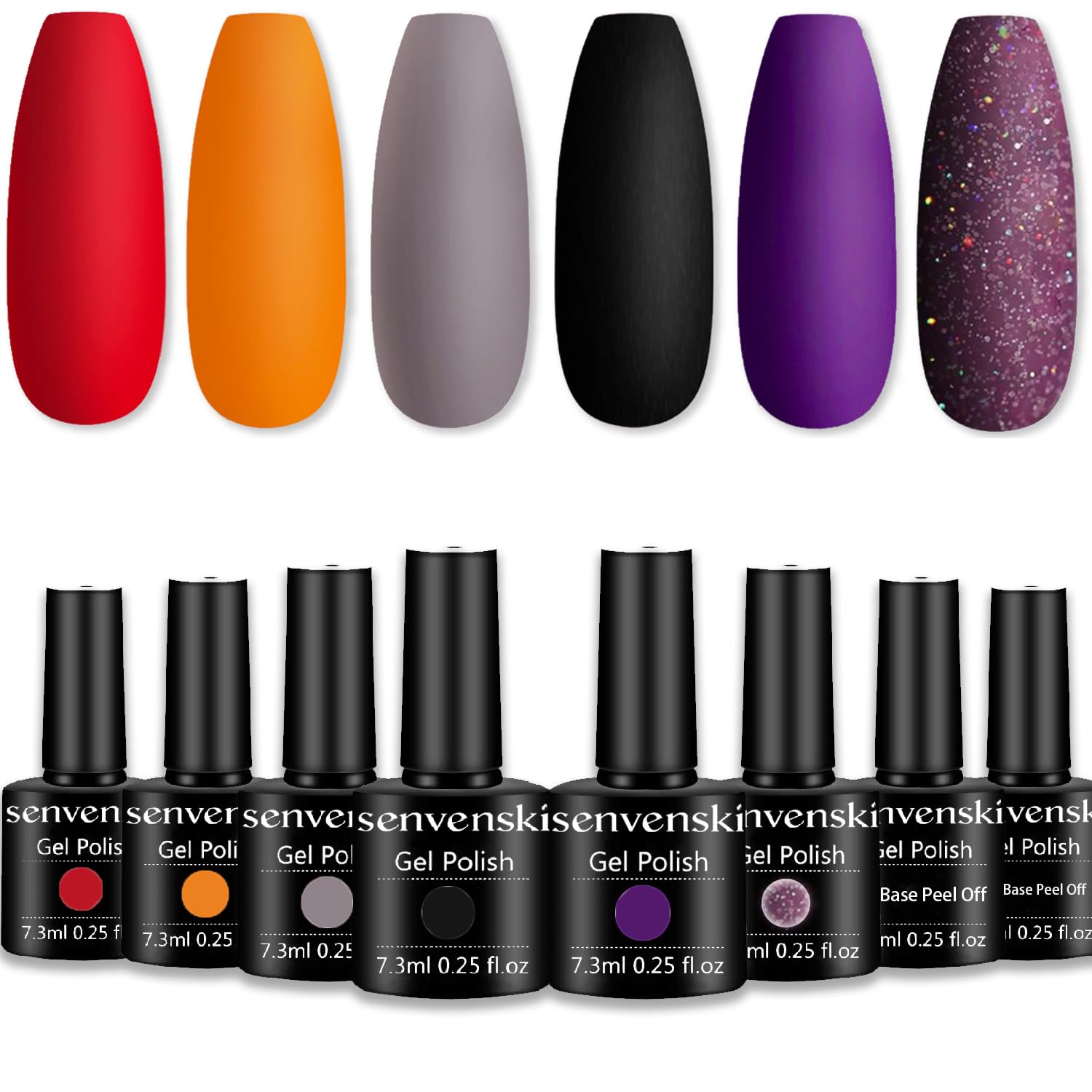 senvenski Peel Off Gel Base Coat, Halloween Gel Nail Polish, Grey Black Gel Polish, Purple Wine Red Maroon Orange Coral Gel Polish Kit Set