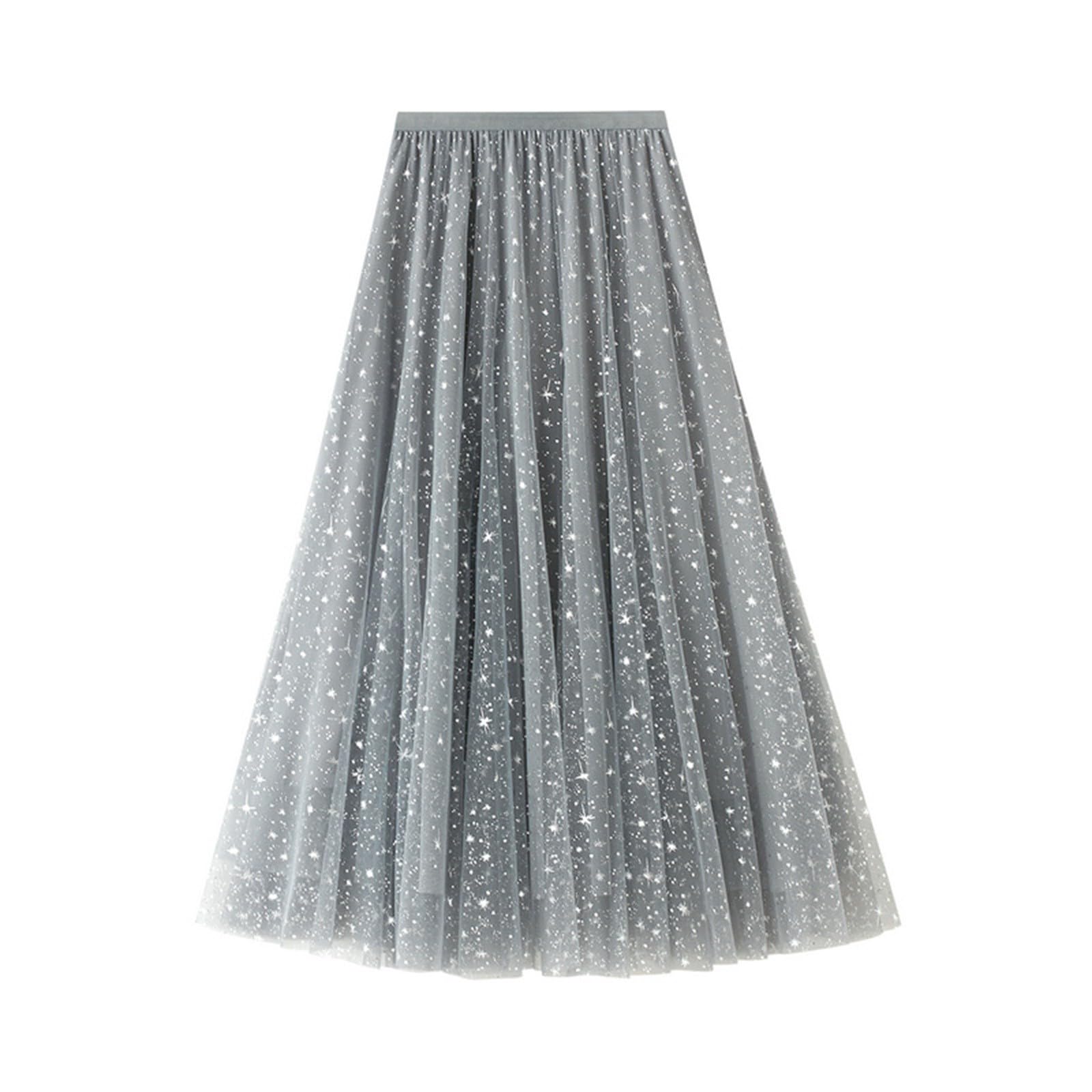 Modeewel Women's Long Sequin Skirt Tutu High Low Skirt Mesh Fabric Multilayer Midi Skirt A-line Princess Dress Carnival Costume Tulle Skirt Glitter A-line Skirt, gray, S