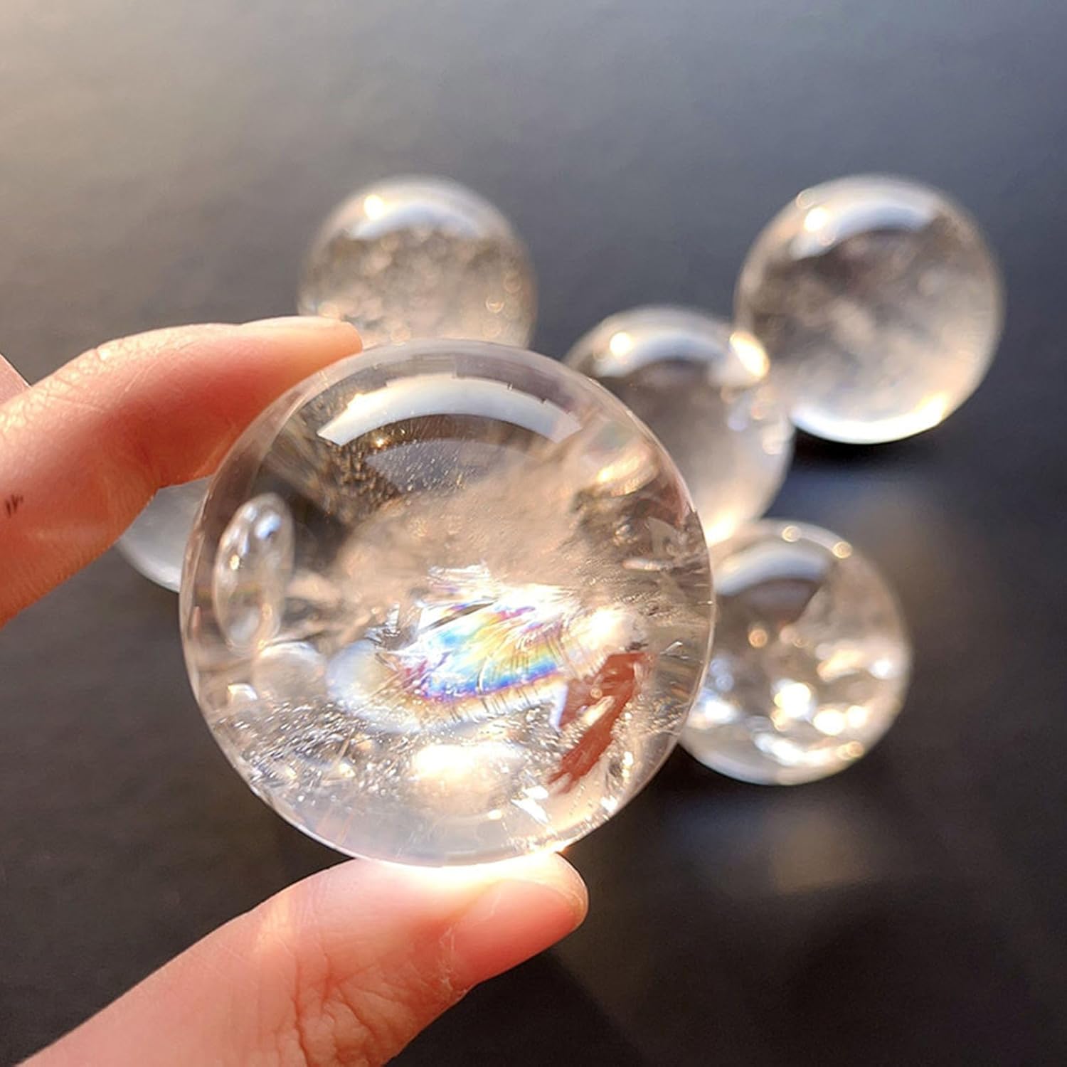 White Clear Crystal Ball Statue Quartz Sphere with Wood Stand Large for Fengshui, Divination,Home Office Decoration,2.36"(6cm)