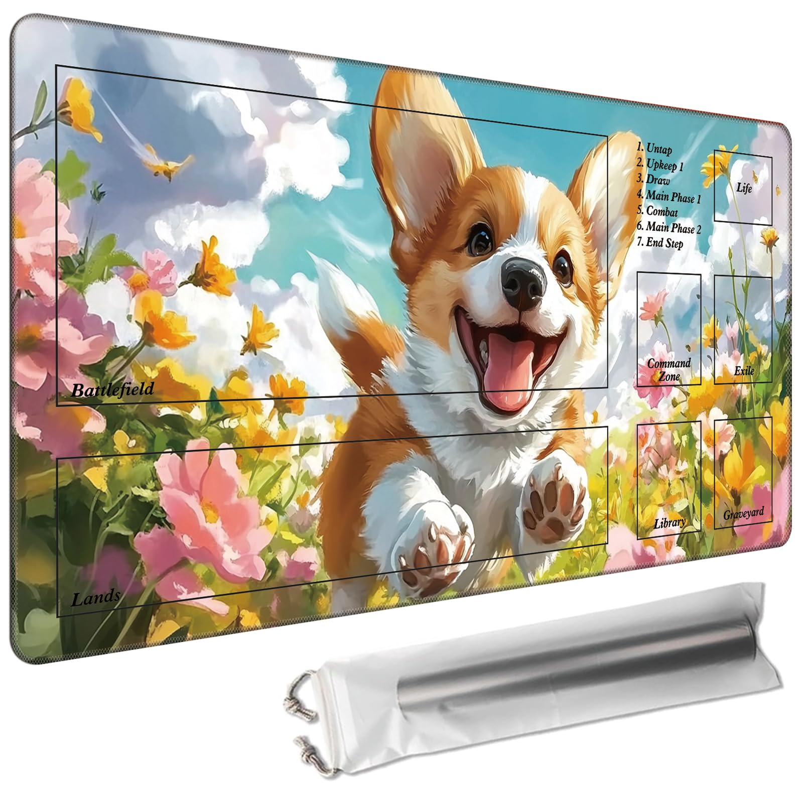 Cdkfxjy MTG Playmat with Magic Zone 24 x 14in Includes Storage Bag,TCG Playmat with Soft Surface Premium Non-Slip Rubber Backing Stitched Edges Durable Gaming Mat,Cute Corgi Flowers โ image 1