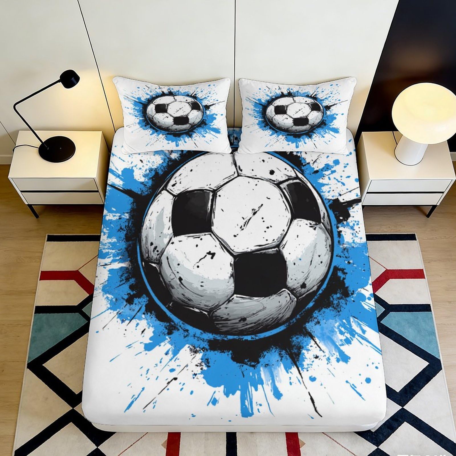 3D Printed Blue Splash Football Fitted Sheet Microfiber Anti-Slip Mattress Cover for Bedroom Guestroom Decor 90x200x25cm