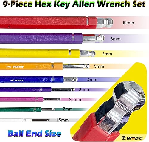 Miniatura 2 de WEDO Juego de llaves Allen con extremo de caja, 9 llaves hexagonales de brazo largo, tamaños métricos, 0.069-0.394 pulgadas, acero al cromo vanadio,