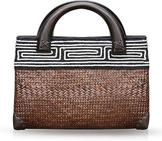 QTKJ Straw Bag, Beach Bag for Women, Handmade Rattan Handbag, Boho Retro Woven Tote Bag Round Wooden Handle, Summer Bag for Beach Vacation Daily