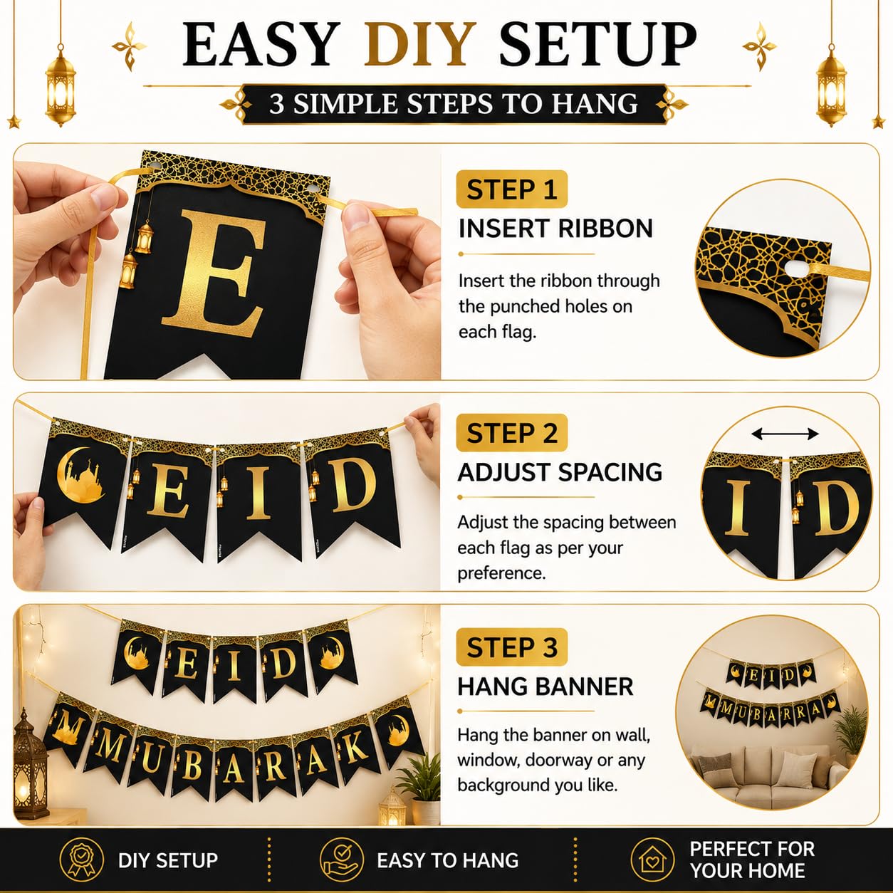 Festiko® Eid Mubarak Banner Decoration for Home, Black Gold Ramadan & Eid Kareem Banner, Islamic Mosque Lantern Theme Party Decor, DIY Hanging Banner, 350 GSM Paper Decor 4