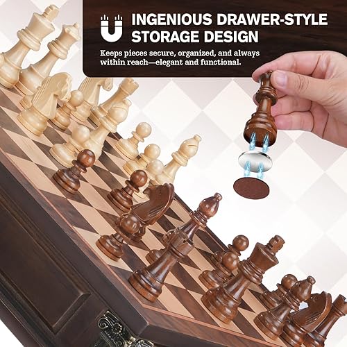Miniatura 4 de Peradix Juego de ajedrez magnético con 2 cajones de almacenamiento integrados, juegos de mesa de estrategia de madera de 15 pulgadas, 2 reinas
