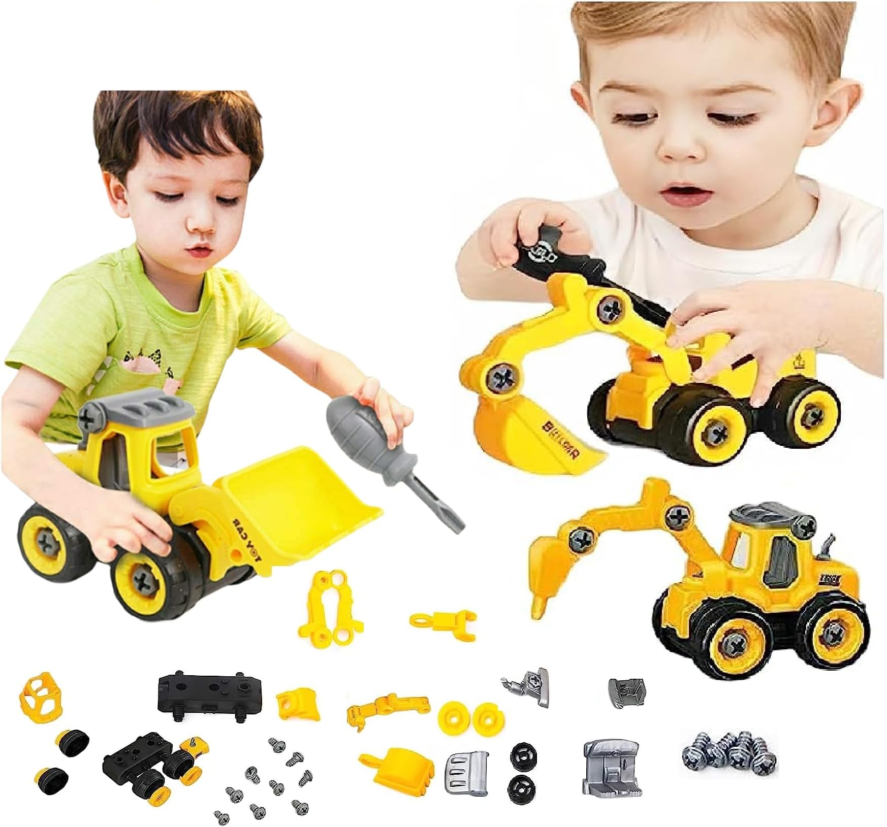 Branded Push And Go Vehicles Set, 4 Pack Diy Take Apart Toys Trucks With 1 Screwdriver Tools, Kids Building Cars Birthday For Boys Toddlers 3 To 10 Year Old (Toy Vehicle Playsets),Yellow