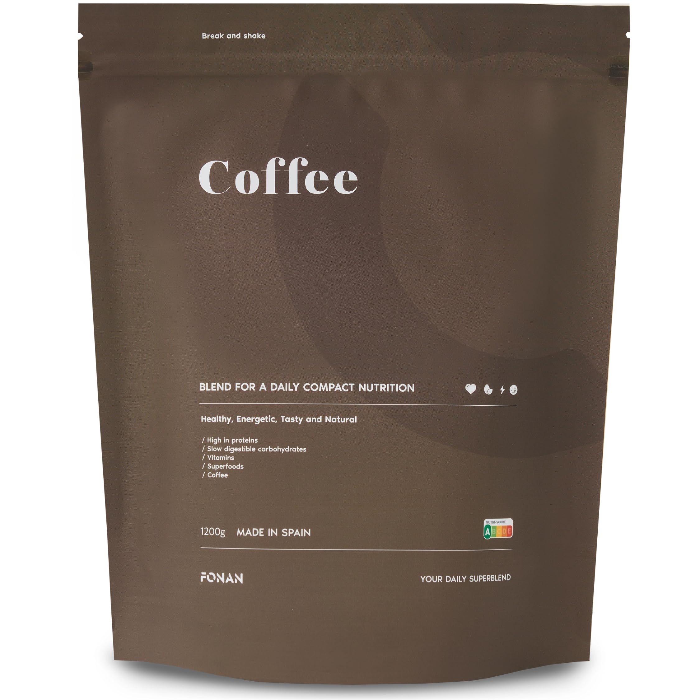 FONAN Frullati sostituto pasto e colazione sani per una dieta completa 1,2 kg - Frullati sazianti con vitamine, minerali, carboidrati, proteine in polvere, spirulina e Baobab CAFFE