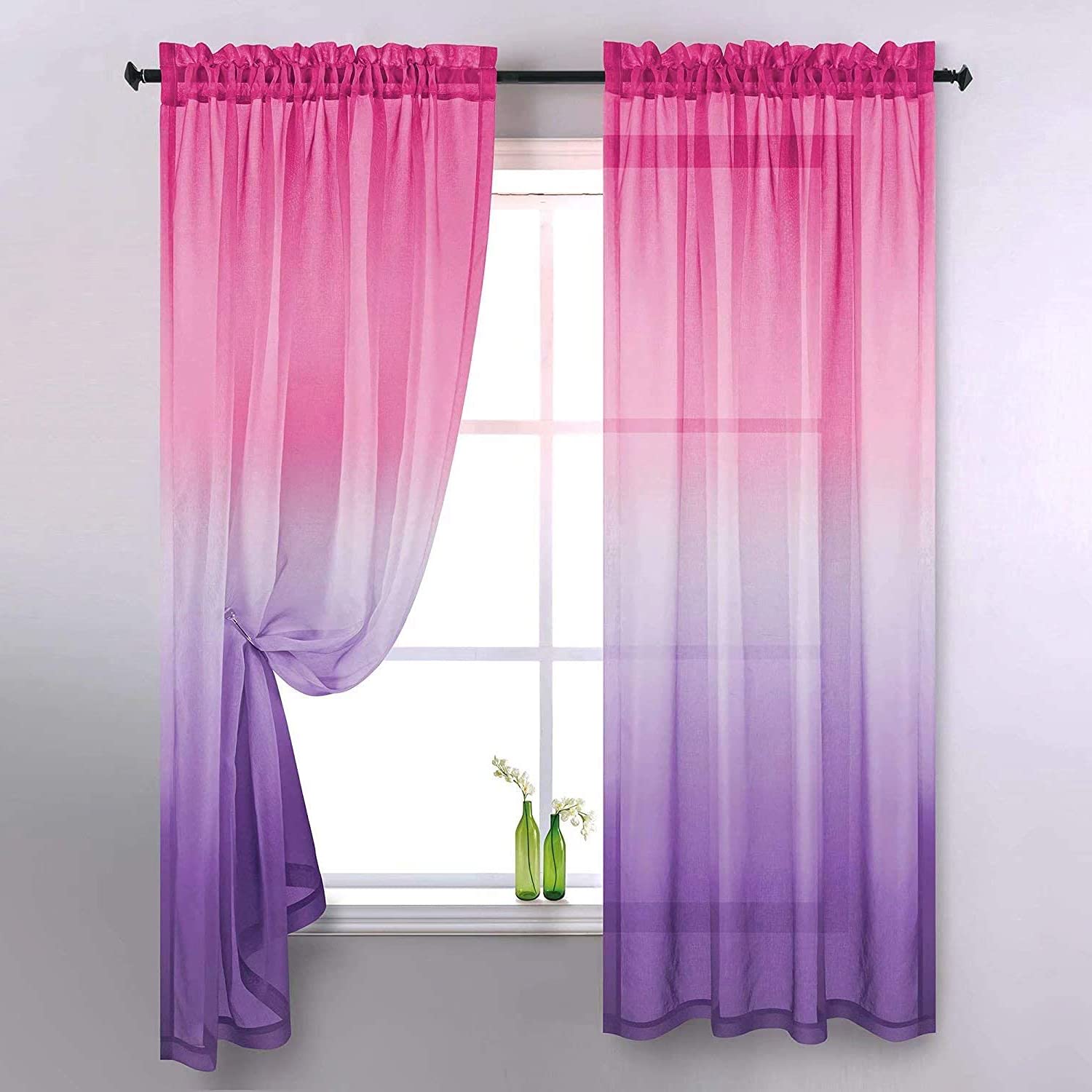 Vorhange Farbverlauf Rosa Lila 2er Set Voile Gardinen Halbtransparent Bunt Vorhänge mit Rod Tasche für Kinderzimmer Wohnzimmer Schlafzimmer,132x243