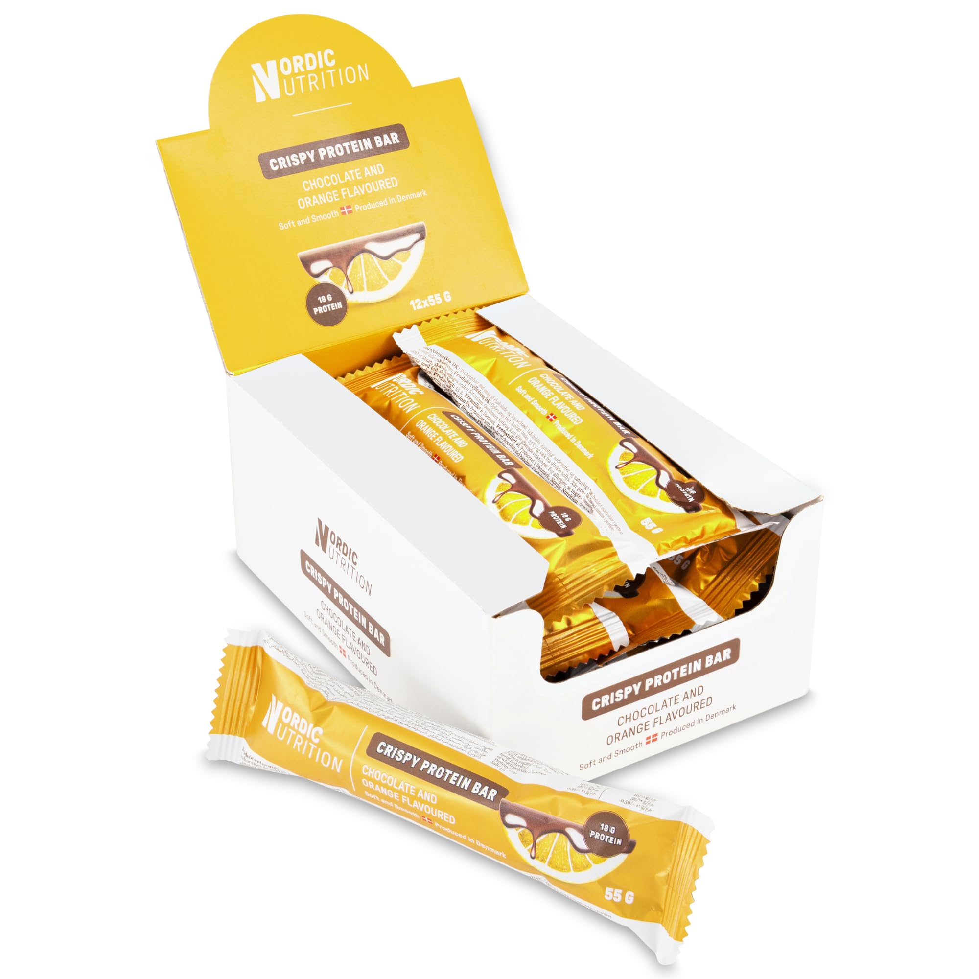 Nordic Nutrition Crispy & Soft Protein Bar - Chocolate & Orange (High Protein), 12x55g Bar - 12 Pack