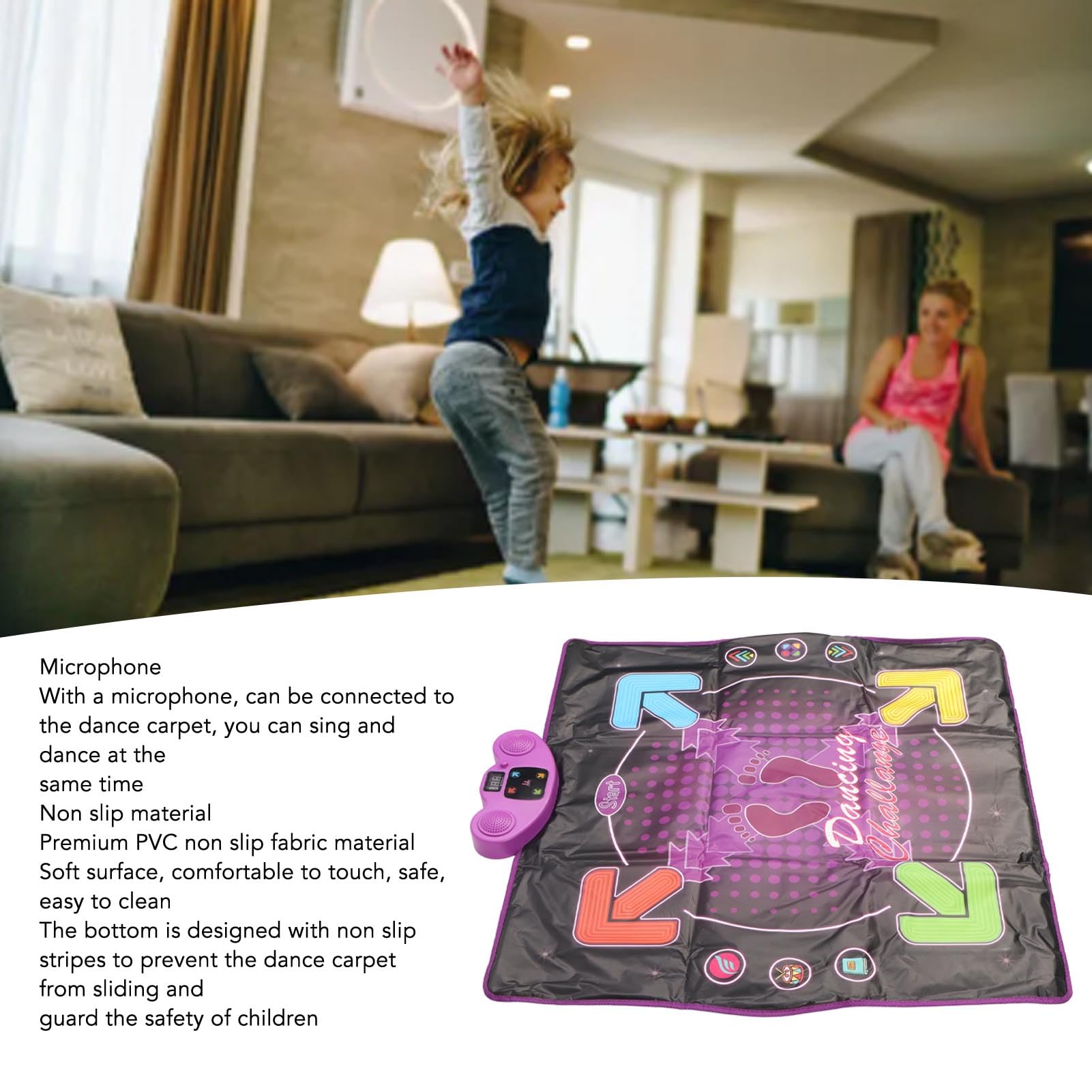 Tappetino da Ballo Elettronico Bluetooth con Microfono per Bambini dai 3 Anni in su PVC Morbido Antiscivolo 850x900 Mm