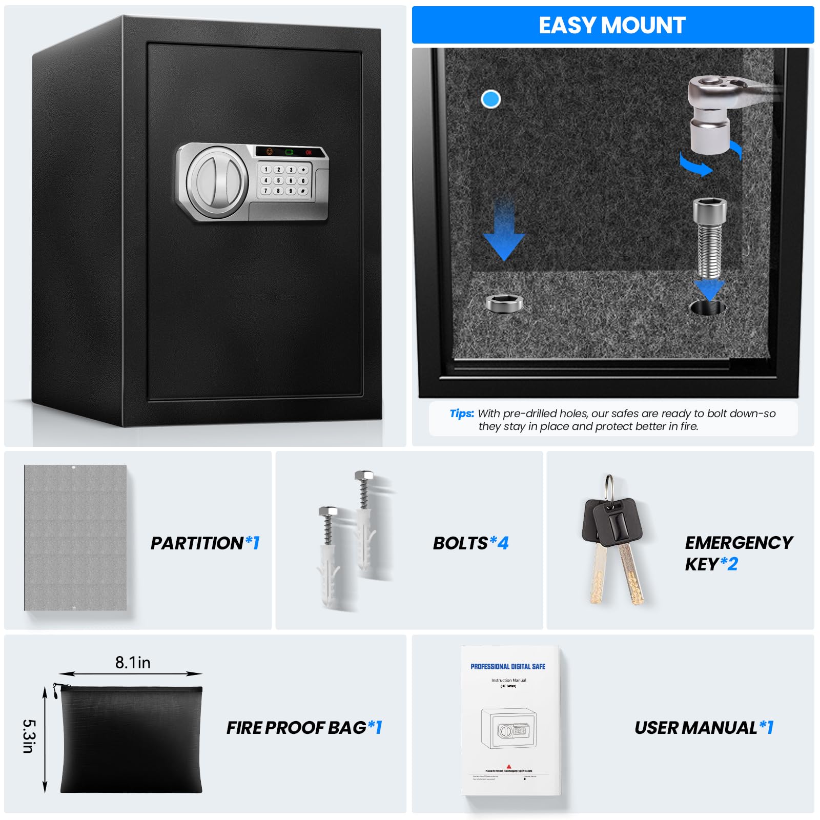 Caja fuerte ignífuga impermeable para el hogar, caja de seguridad digital electrónica de acero, caja de seguridad personal con sensor de luz LED y compartimento de alimentación externo para