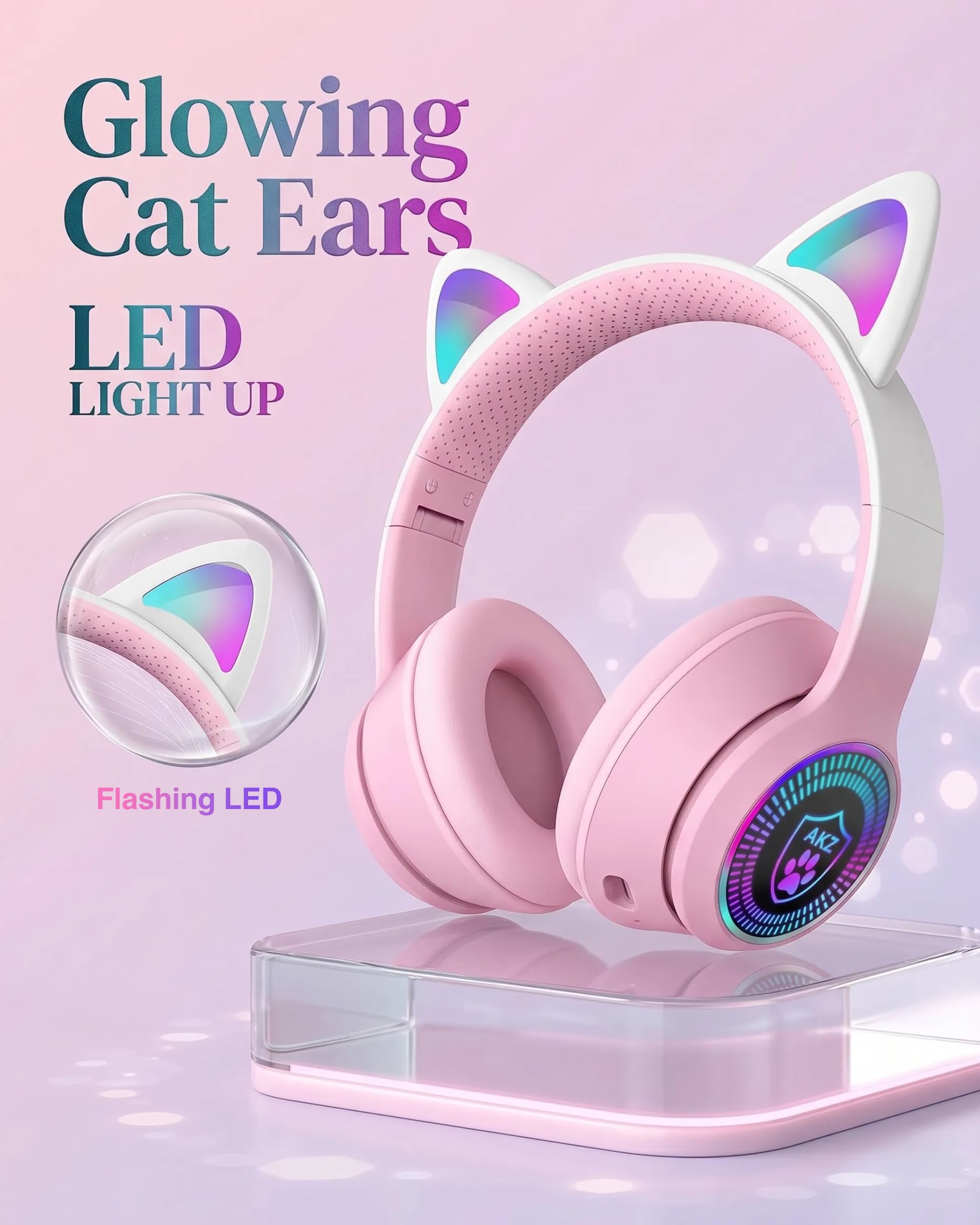 Cat Ear Gaming Bluetooth 5.2 Kabellose Faltbare Kopfhörer mit LED-Licht, Stereo-Spiel Surround Sound Over-Ear Headsets mit Mikrofon AUX für PC, Pad, Handy, Laptop, Spiel, Kinder, Geschenk