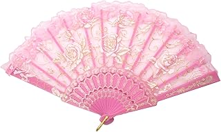 TRENDBOX Flower Rose Lace Handheld Chinese Folding Fan for Dancing Ball Parties Ladies - Rose Pink