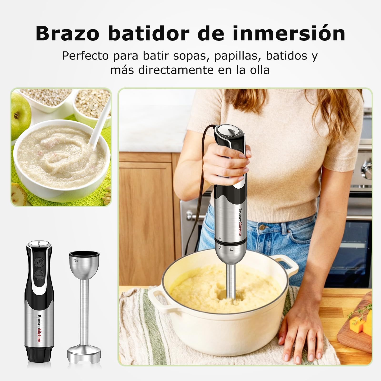 Bonsenkitchen Batidora de Mano 4 en 1, 1000W Batidora de Inmersión de Acero Inoxidable con 12 Velocidades y Función Turbo, Incluye Batidor, Vaso Medidor 700ml y Picador, Batidora Multifunción
