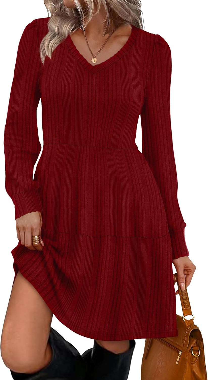 SAMPEEL Womens V Neck Long Sleeve Fall Dresses Baby Doll Casual Sweater Dress Fashion Clothes