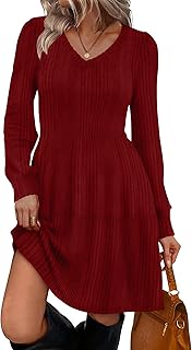 Womens V Neck Long Sleeve Fall Dresses Baby Doll Casual Sweater Dress Fashion Clothes