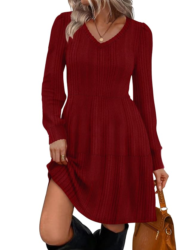 SAMPEEL Womens V Neck Long Sleeve Fall Dresses Baby Doll Casual Sweater Dress Fashion Clothes