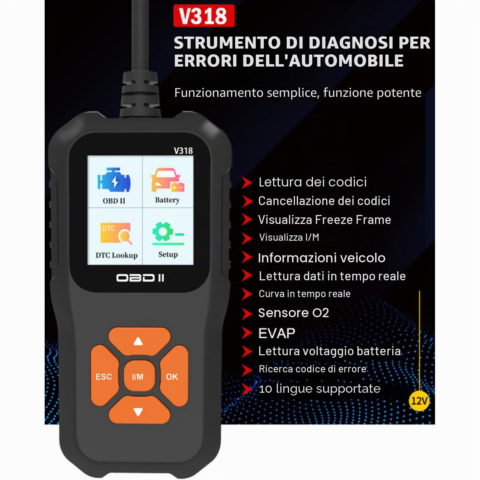 Scanner OBD2 V318, Schermo 1.8 Pollici A Colori, Lettore Errori In 10 Lingue, Per Auto E Moto, Per Professionisti E DIY