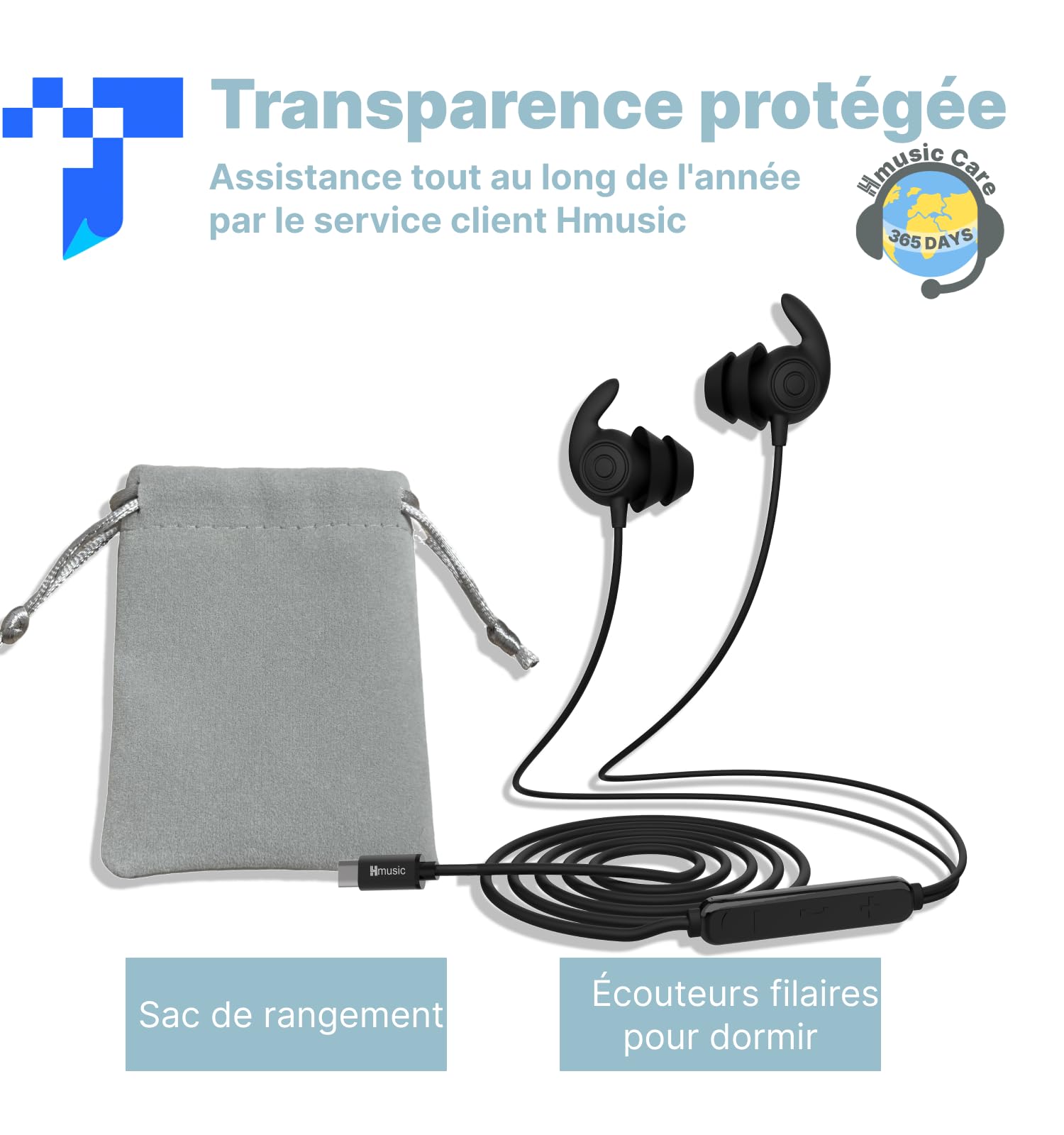 Hmusic Écouteurs de Sommeil, Isolation Phonique 30 DB, Silicone Doux et Confortable, 2g léger, Filaire USB C, Design Plat pour Dormir sur Le côté, Voyage, Méditation(Noir)