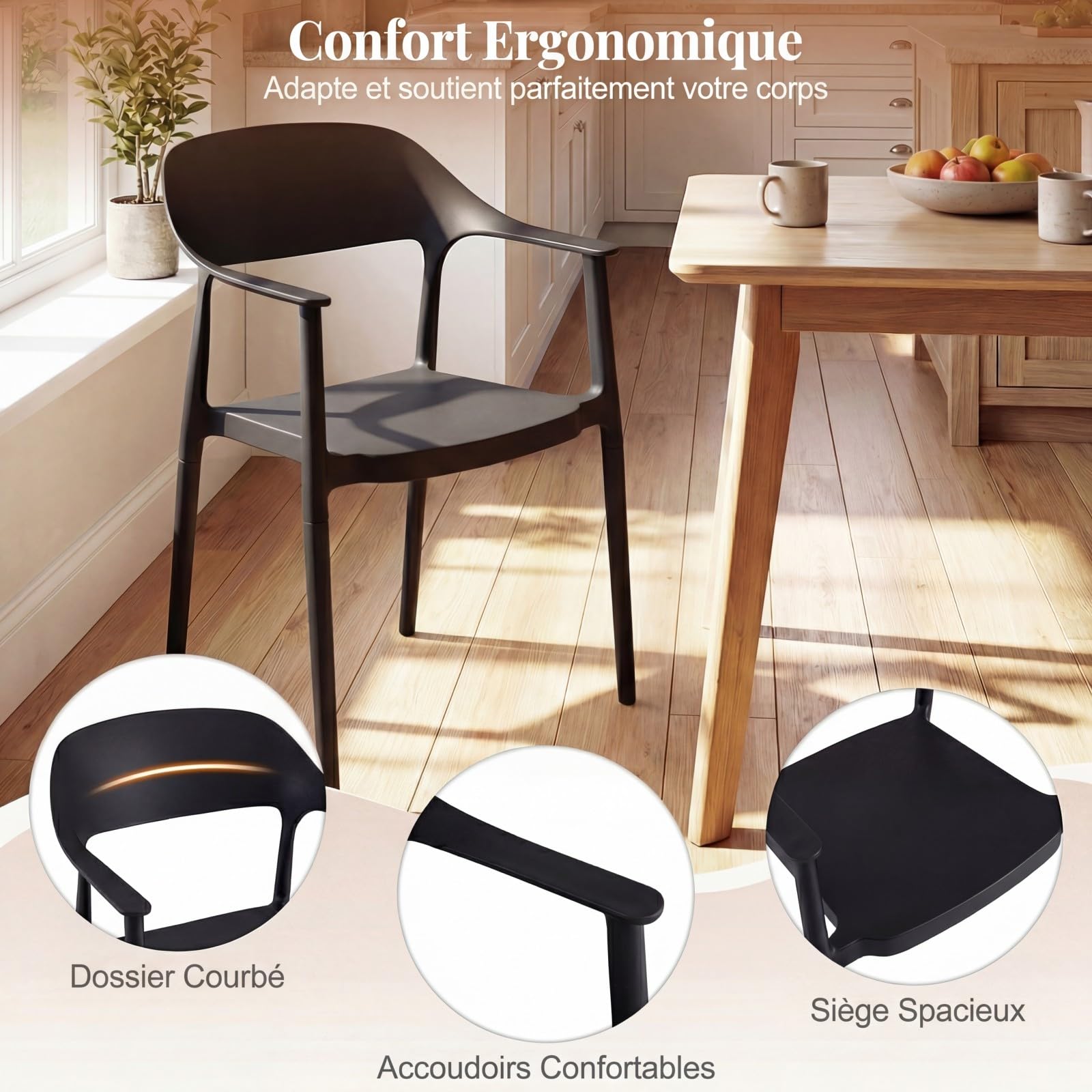 COSTWAY Chaises Empilable Plastique Lot de 4, Chaise de Jardin en PP avec Dossier Incurvé, Accoudoirs Confortables, Siège Large, Montage Facile, Charge 150 kg, pour Cour, Extérieur, Cuisine(Noir,4)