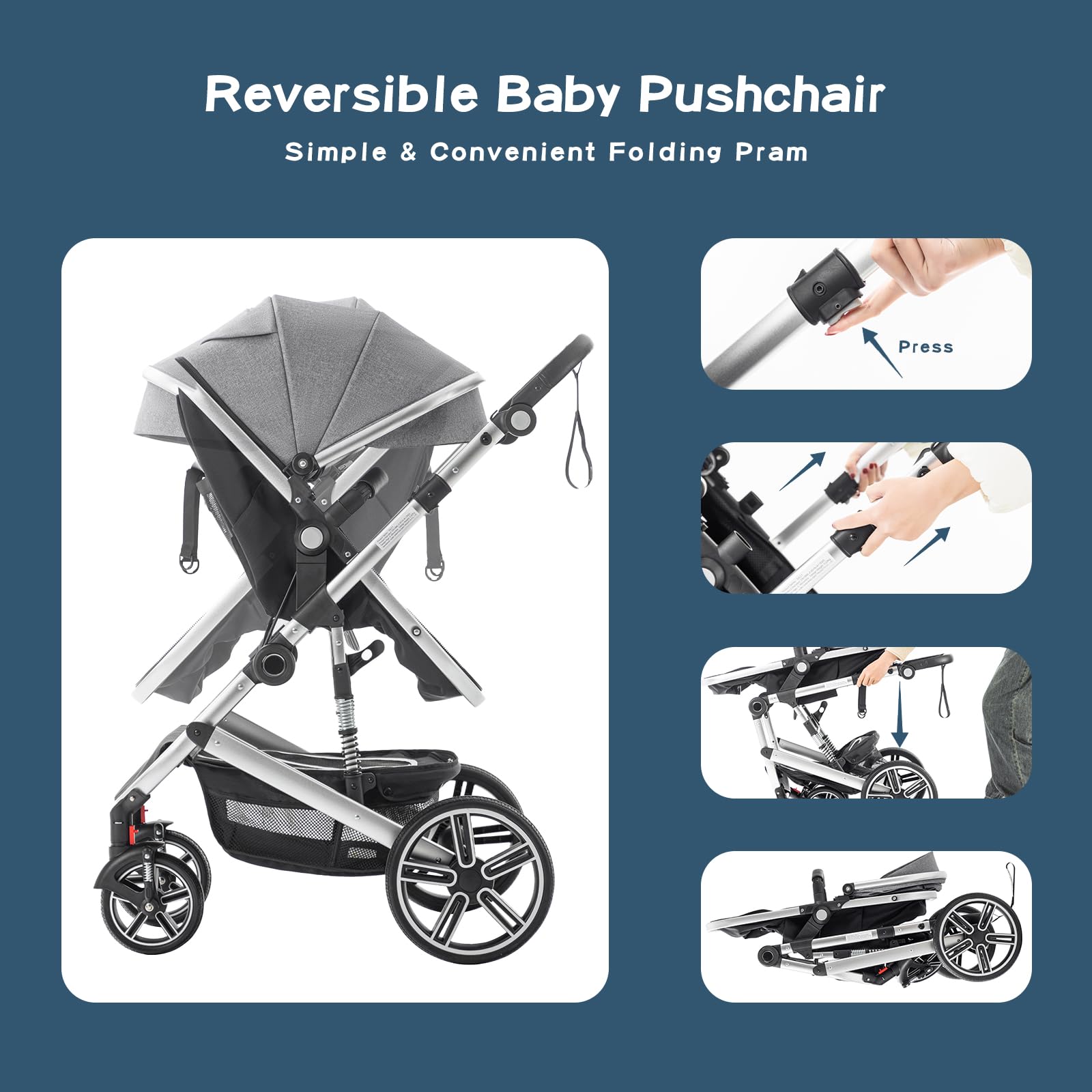 3 en 1 Carrito Bebé, Cochecito Bebe con ECE R129 Asiento de Coche, Cochecito con Mango Ajustable de Altura, Cochecito Carro de Visión alta con Marco de Aluminio (22KG, 0-4 Años)