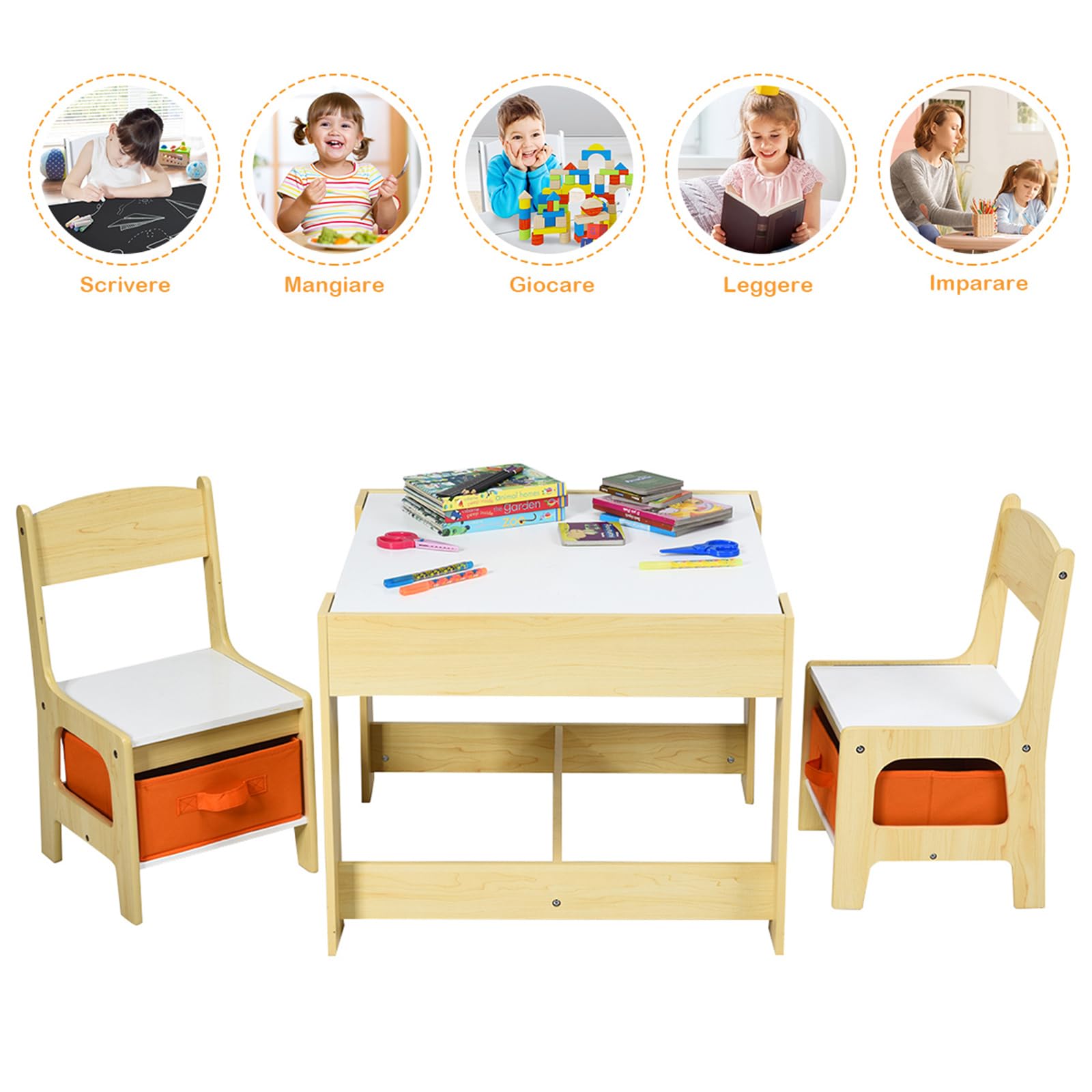 COSTWAY Tavolino Bambini 3 in 1, Set Tavolo e Sedie per Bambini con Lavagna Rimovibile e 2 Sedie con Cestini Portaoggetti, Scrivania Multiuso per Cameretta e Soggiorno (Legno)
