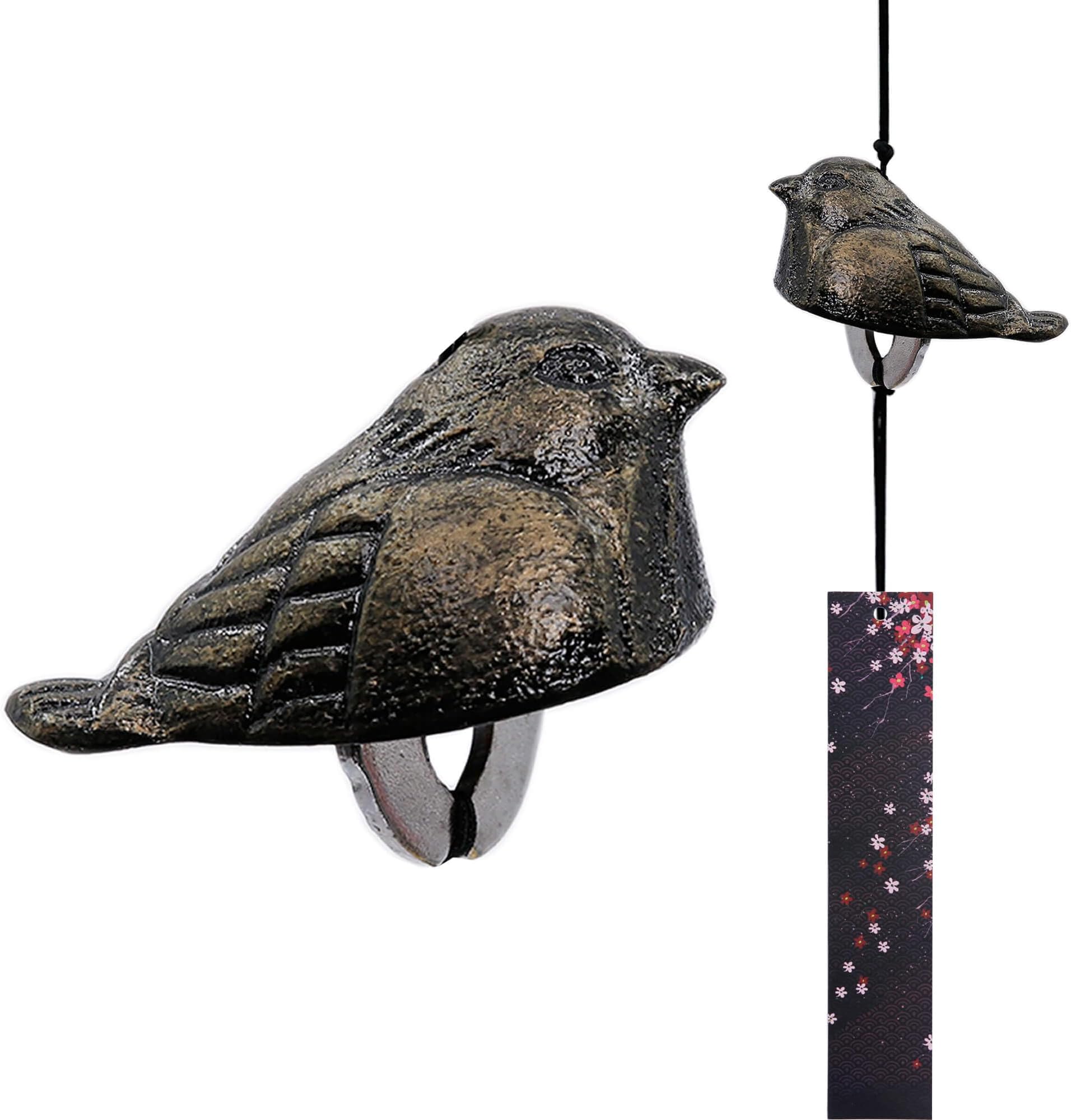 Japanese Wind Chime Cast-Iron Outdoor Ornament for Garden & Patio, Hanging Metal Wind-Bell Decoration Gift, Blessing Pendant Windchimes & PVC Wind-Catcher, Bird