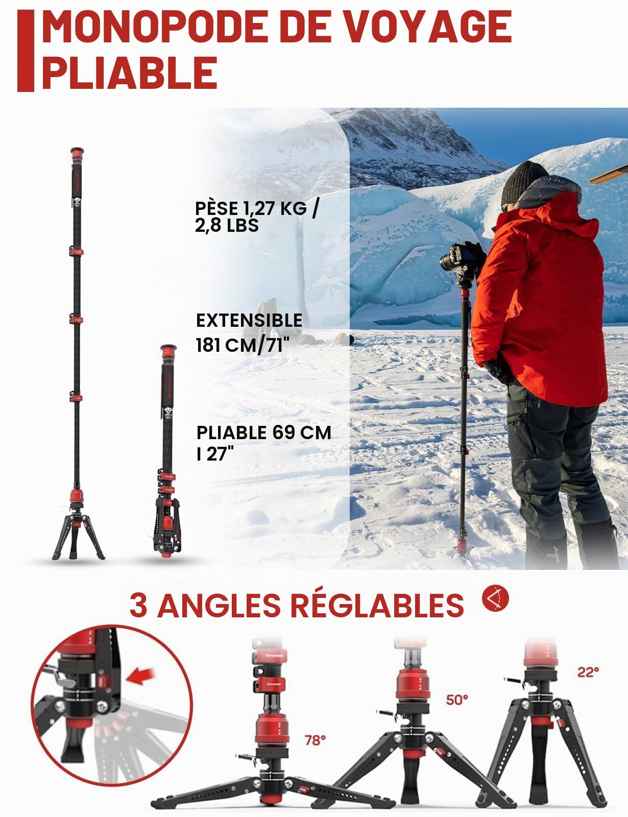 IFOOTAGE Monopode avec pied Cobra 3 C180F-P, Monopode pour appareil photo 181cm/71", Fibre de carbone, Charge maximale 8 kg/17,64 lbs
