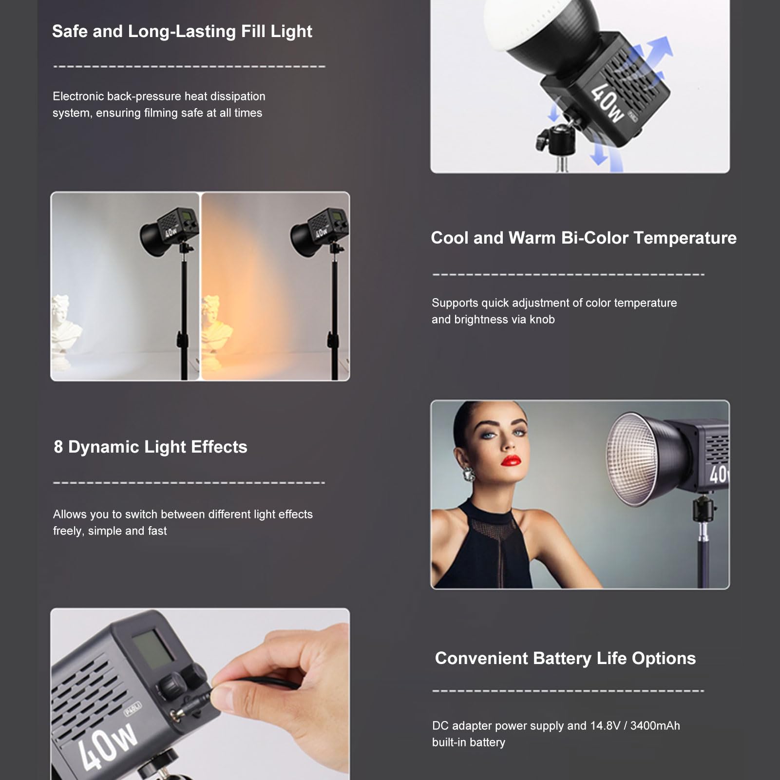 Andoer P40C - Luz LED de vídeo portátil COB de 40 W con temperatura de color ajustable de 2500 K-6500 K, alto CRI 95+, 8 efectos de luz, ventilador integrado para fotografía