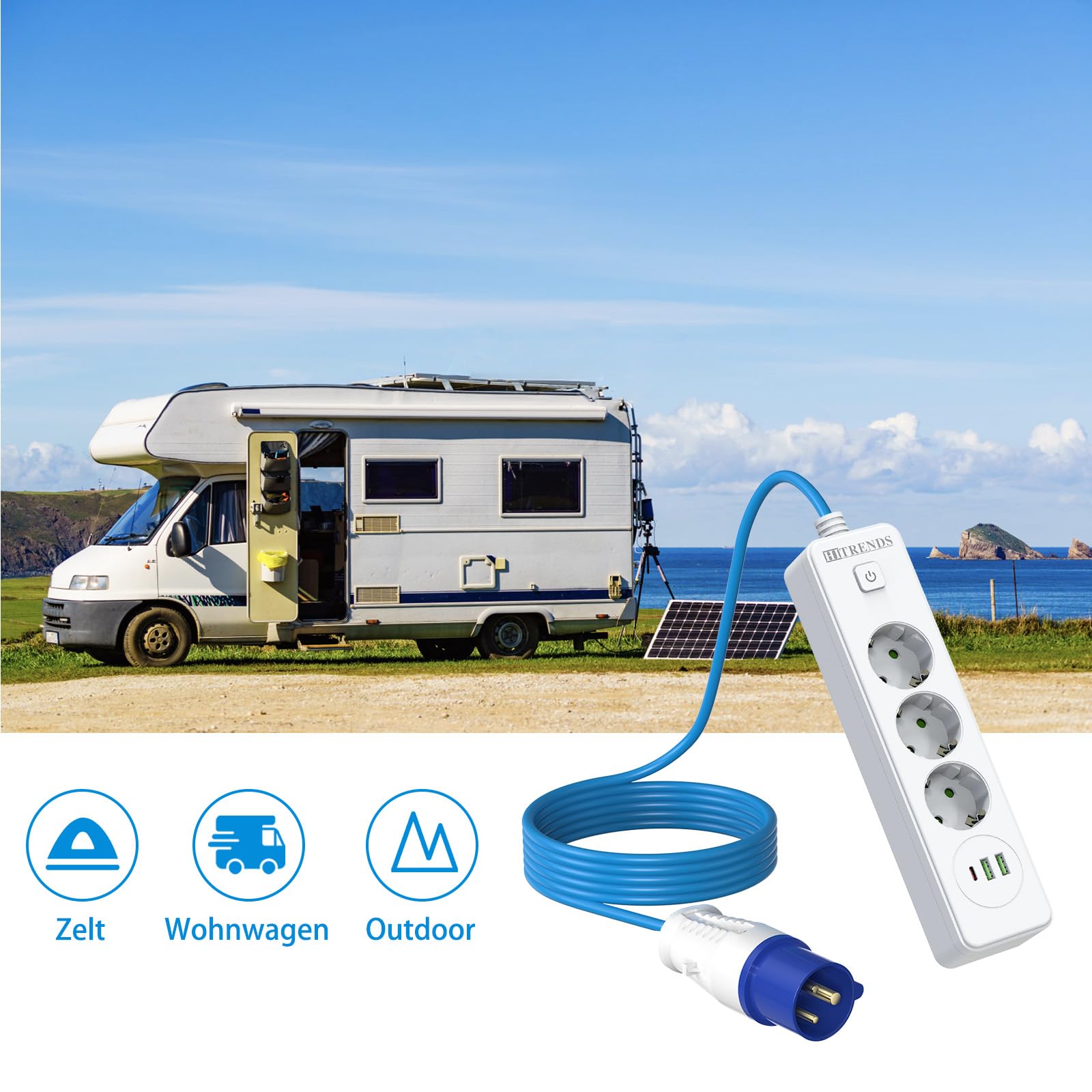 Versenkte Steckdose mit USB, Einbausteckdose mit Schalter, 3 Fach Tischsteckdose, Steckdosenleiste mit 2 USB A+1 USB C, Steckerleiste mit CEE-Stecker für Camping, Wohnwagen, Zelt, 5M Kabel-Weiß, IP44