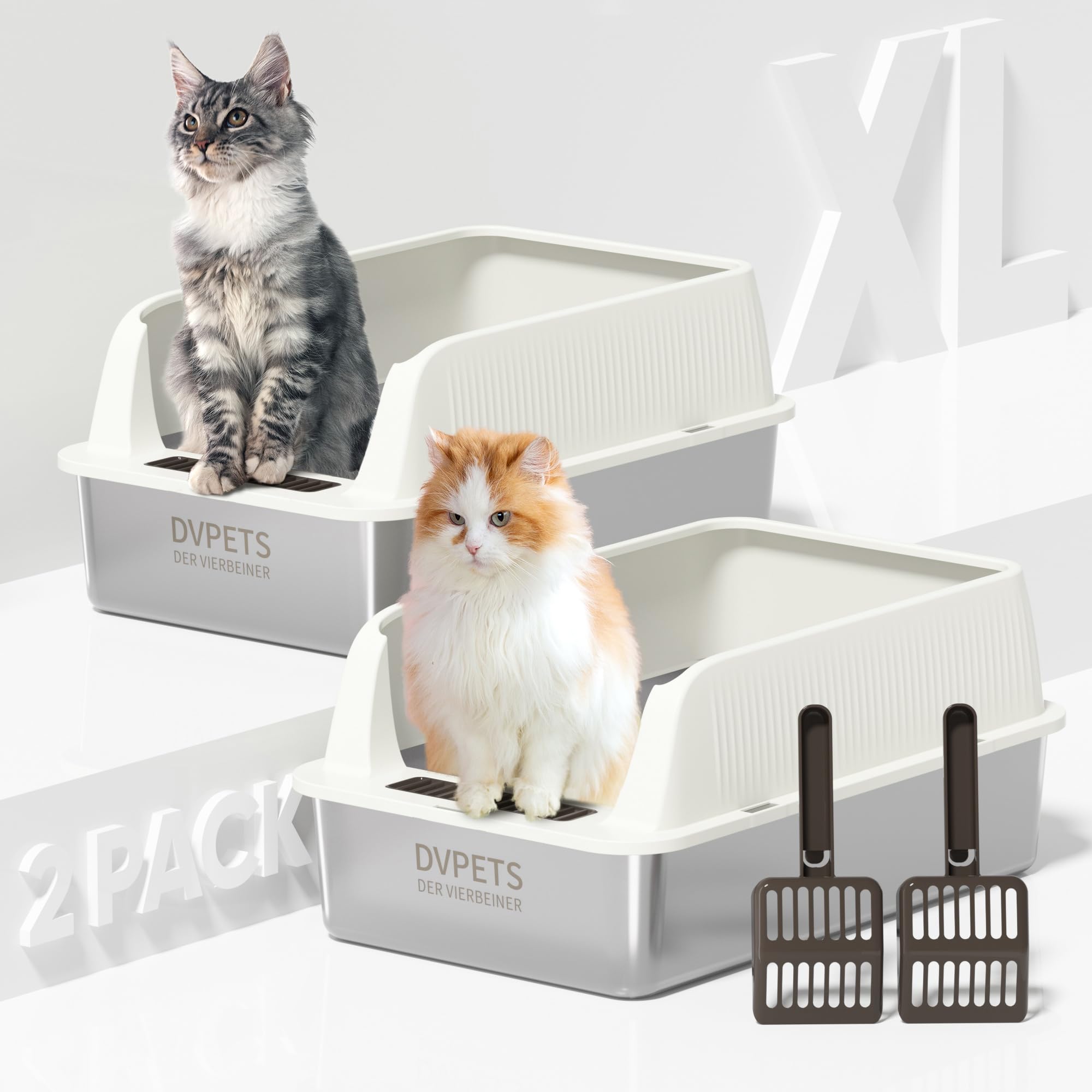 Stainless Steel Cat Litter Box with High Sides Lid, Extra Large XL for Big Cats,Open Top Metal Kitty (2PK-Ivory White, 24" L x 16" W x 11" H)