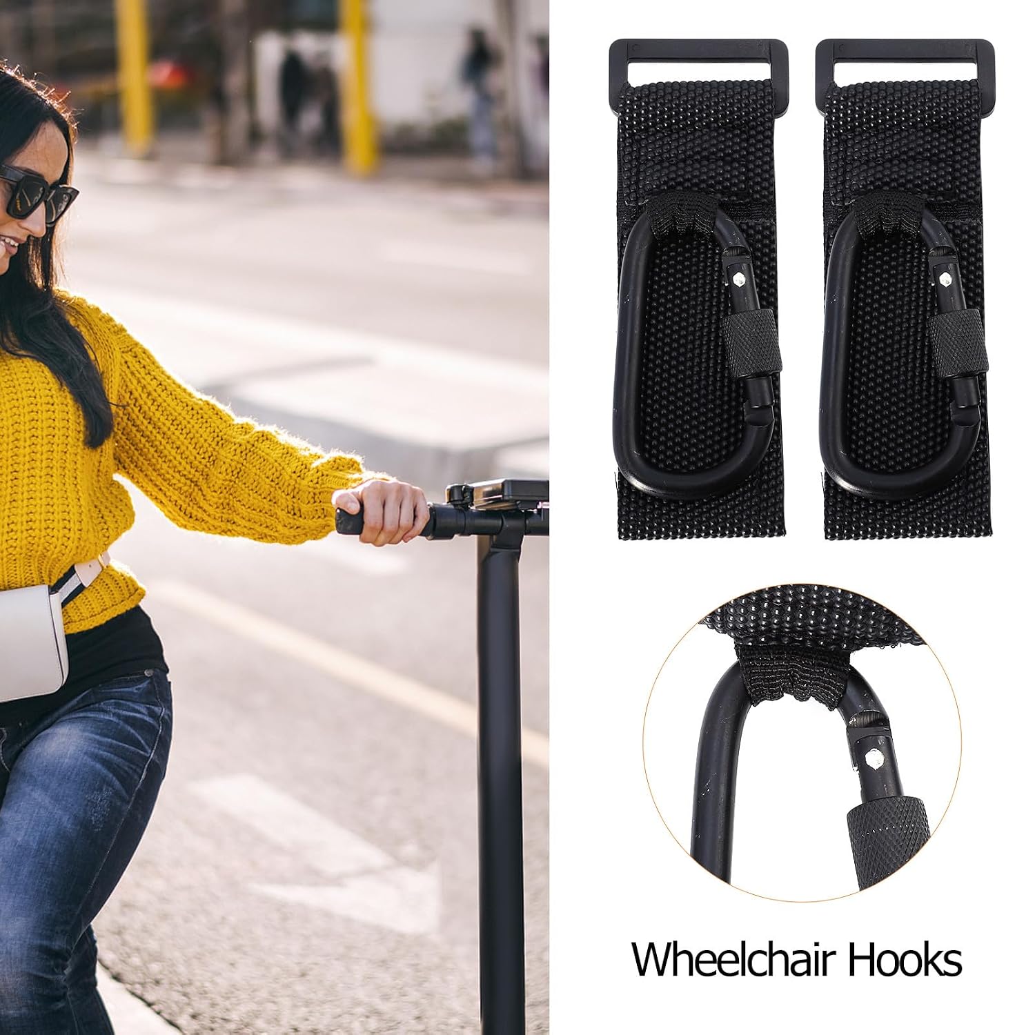 2pcs Heavy Duty Non-Slip Stroller Hooks with Lockable D-Shaped Design for Diaper Bags and Shopping, Black Steel Pushchair and Motorbike Hanging Hooks for Nursery and Travel Use