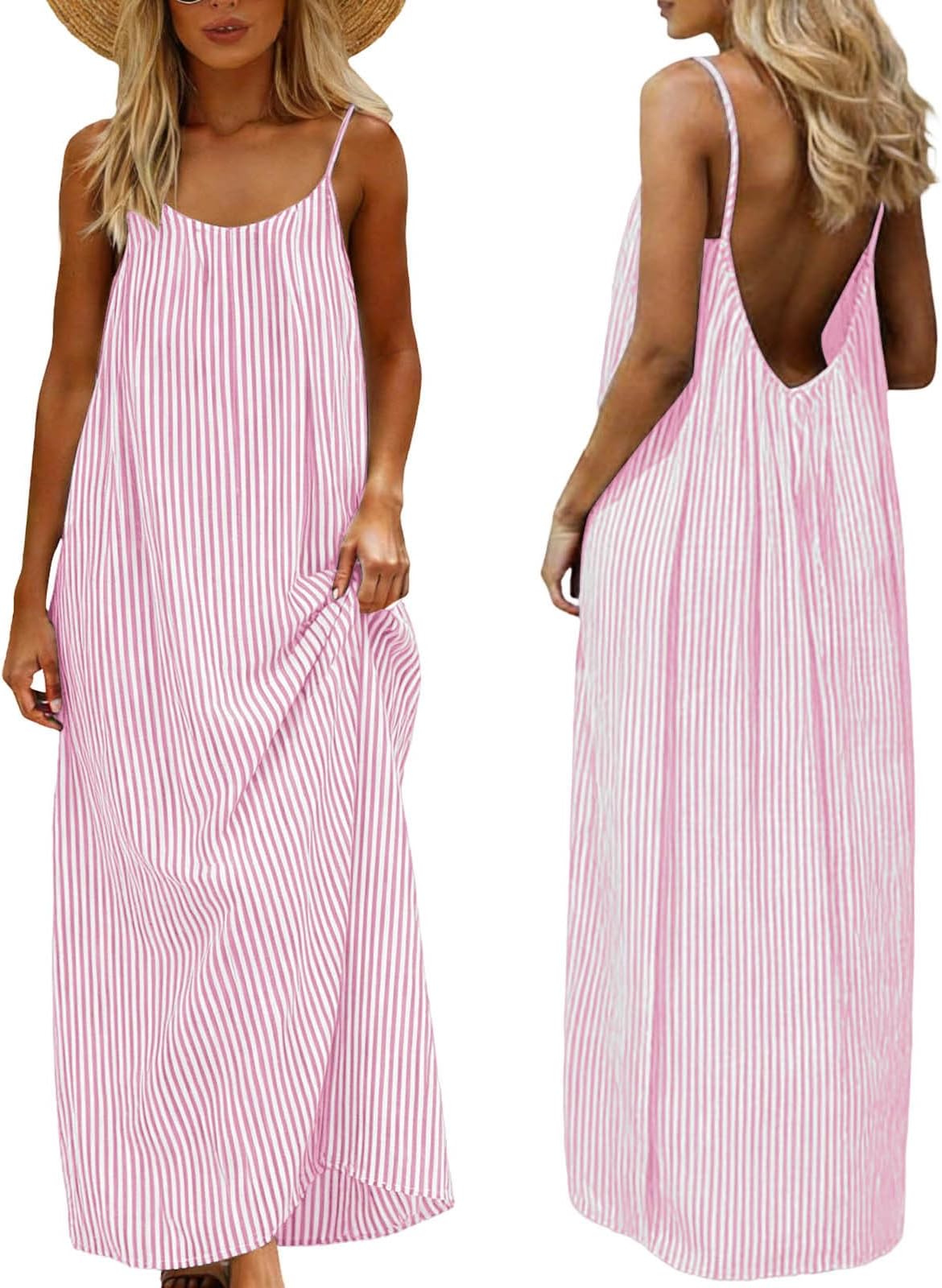 Holiday Dresses for Women Spaghetti Strap Backless Maxi Dress Loose Boho Sleeveless Cami Ladies Summer Plaid Dresses for Beach Vacation Daily Casual Outing Walking