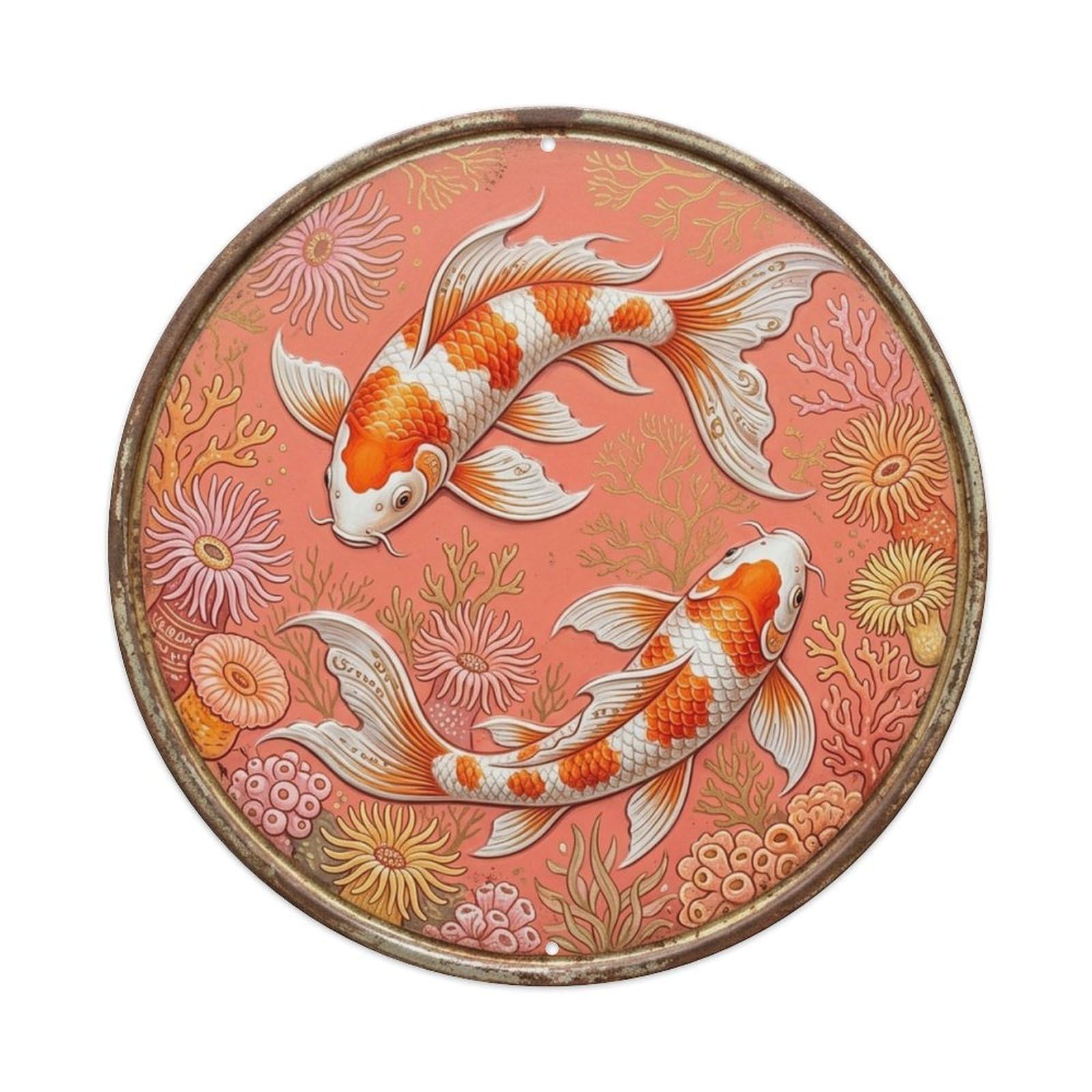 Oriental Koi Fish Coral Reef Paradise Japanese Garden Metal Tin Sign Plaque Wall Decor for Cafe, Man Cave, Club Bar, Office, Home Garden Round Metal Poster 8x8Inch