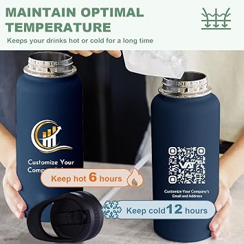 Personalized Water Bottle 32oz, Custom Logo Water Bottle 1 Pack,Insulated Stainless Steel,Customized Gifts for Kids(Nvry Blue)