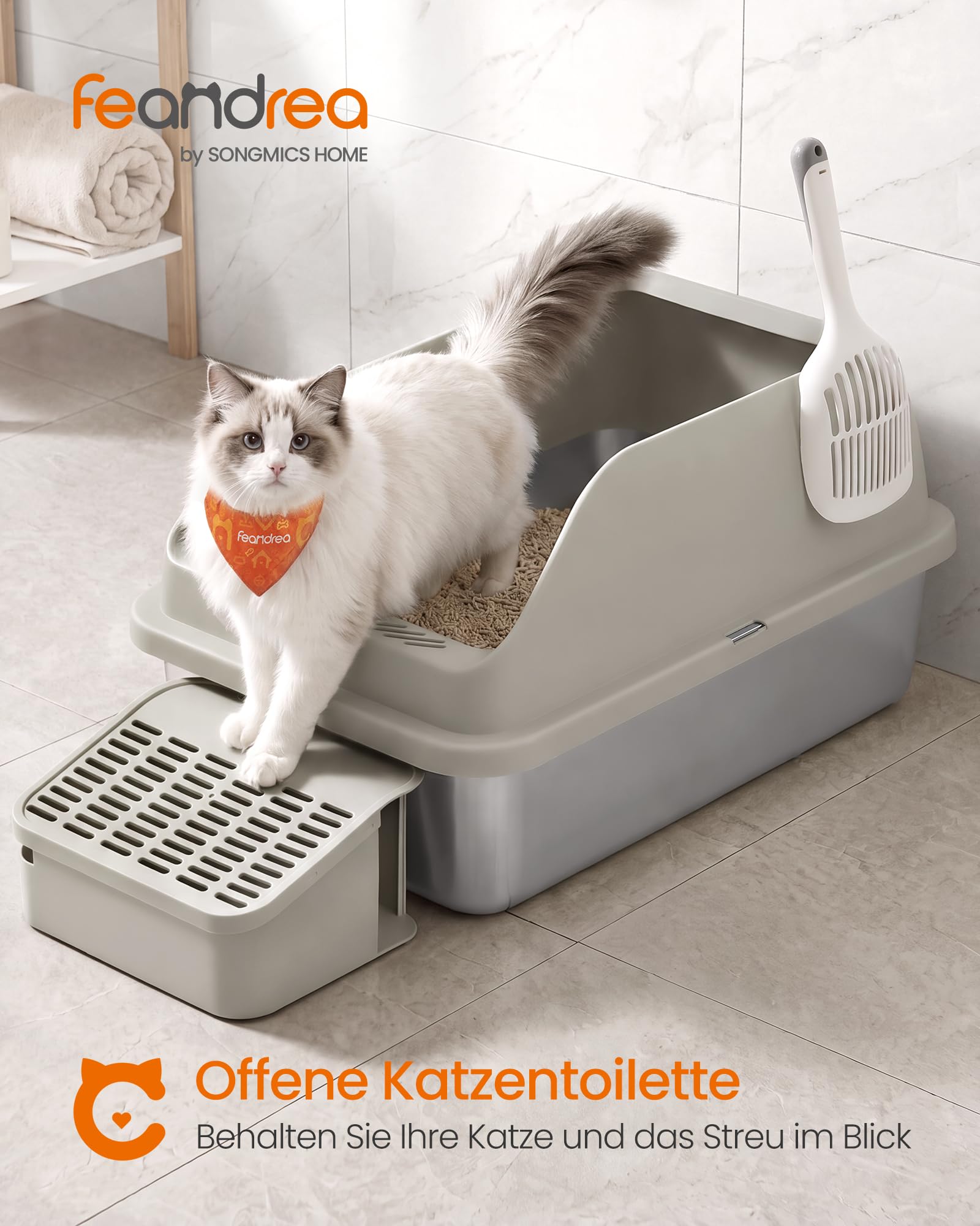 Feandrea Katzenklo Edelstahl XXL, mit Hohem Rand, Treppe und Schaufel | Offene Katzentoilette für Große Katzen, Geruchsneutral, 62 x 42 x 30 cm, Kaffeebraun, BOXAL Kollektion PPT008K101