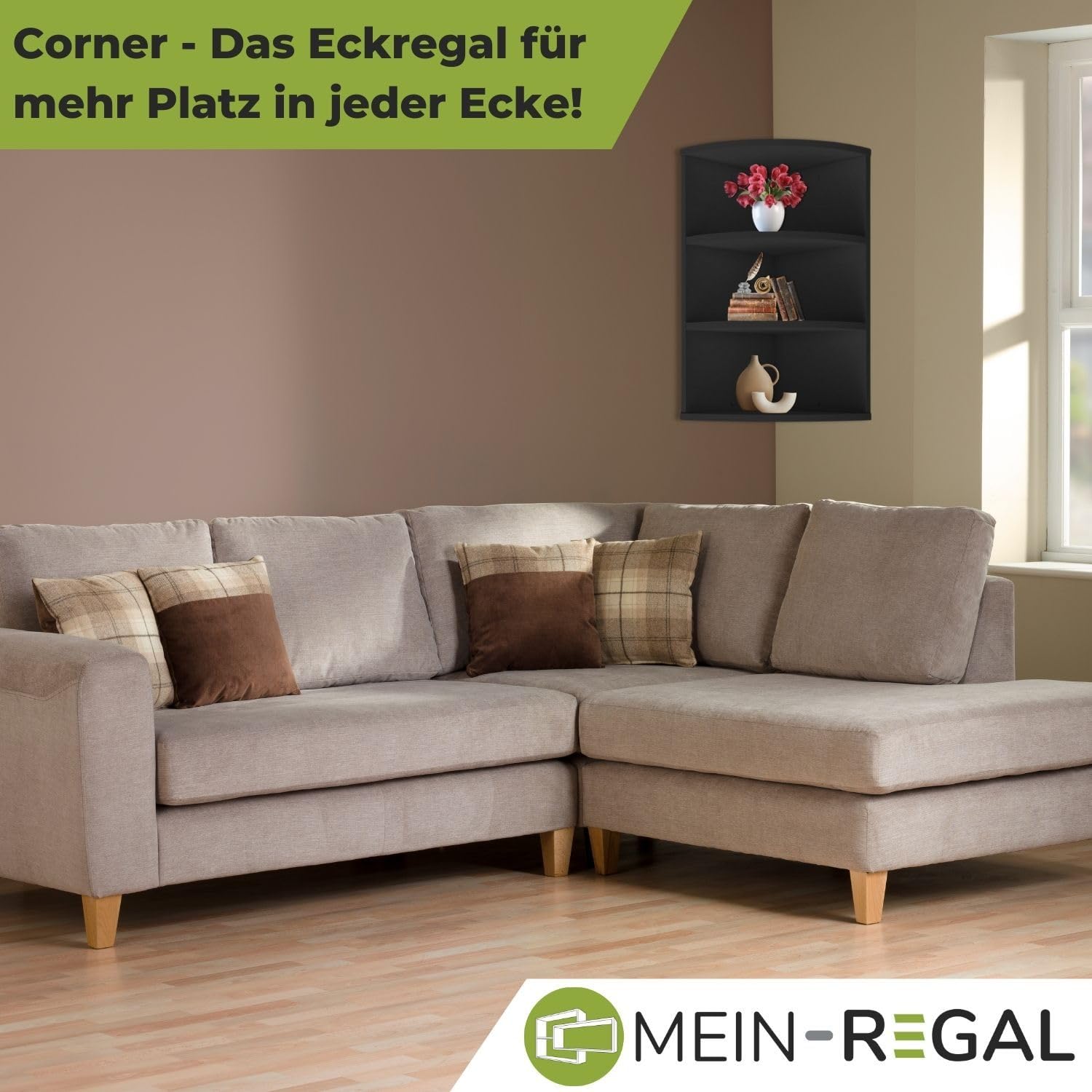 Coemo Eckregal Corner 60, 30x30x60 cm, Bücherregal 3 Fächer, Holzregal | Eckregal stehend, aus Holz schmal, der ideale Platzsparer für deine Ecke, Ob kunstvolle Dekorationen, als Bücherregal