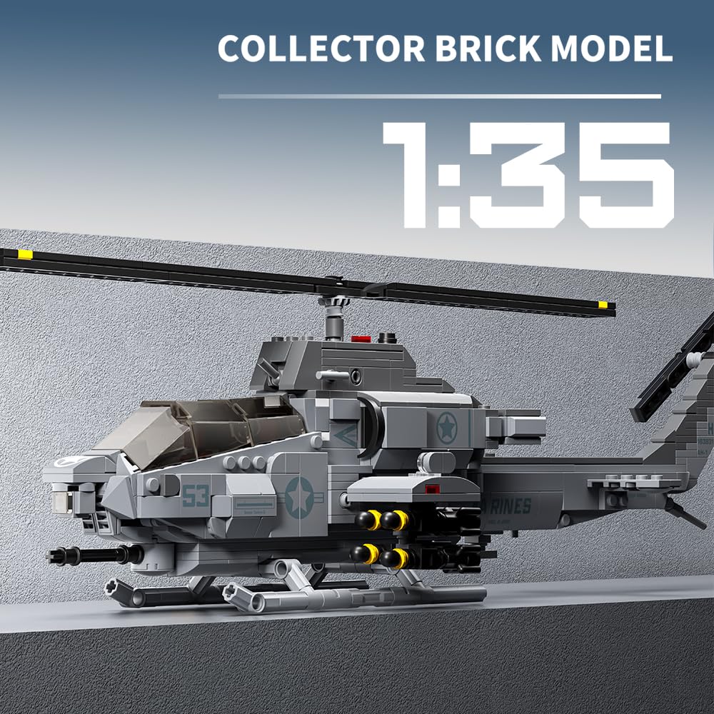MISINI M8024 AH-1W Super Cobra Bewaffneter Hubschrauber Bausteine Set, 958 Stück Militär Medium 1:35 Hubschrauber Bausatz, Geschenke und Sammlungen für Flugzeugmodelle für Militärische Enthusiasten