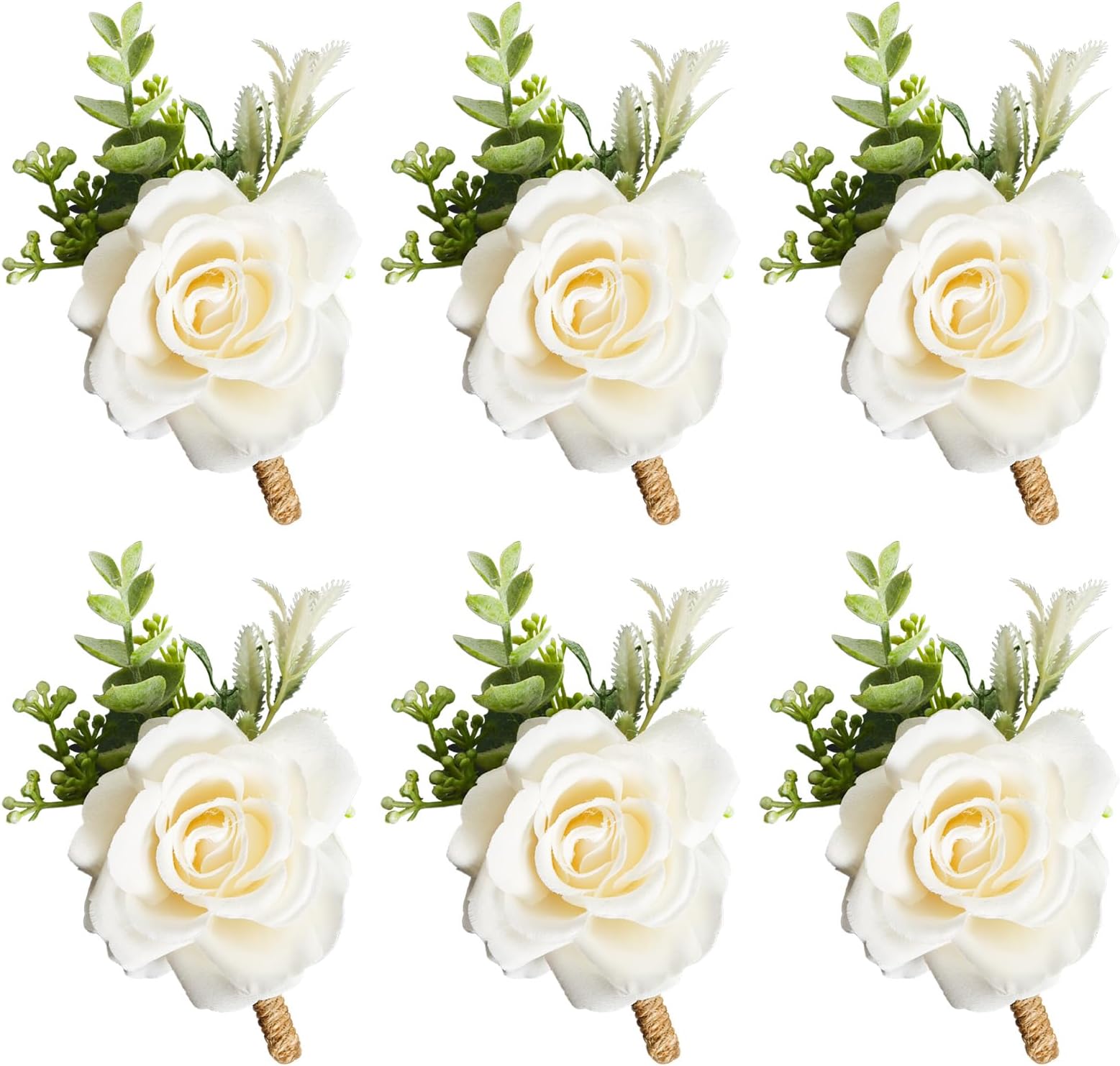 Gvhntk Ivory Rose Boutonniere for Men Wedding Set of 6 Groom Groomsmen Best Man Artificial Flowers Boutonniere for Wedding Ceremony Anniversary Prom Flowers Formal Dinner Party (6, White, Middle)