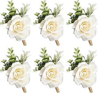 Ivory Rose Boutonniere for Men Wedding Set of 6 Groom Groomsmen Best Man...