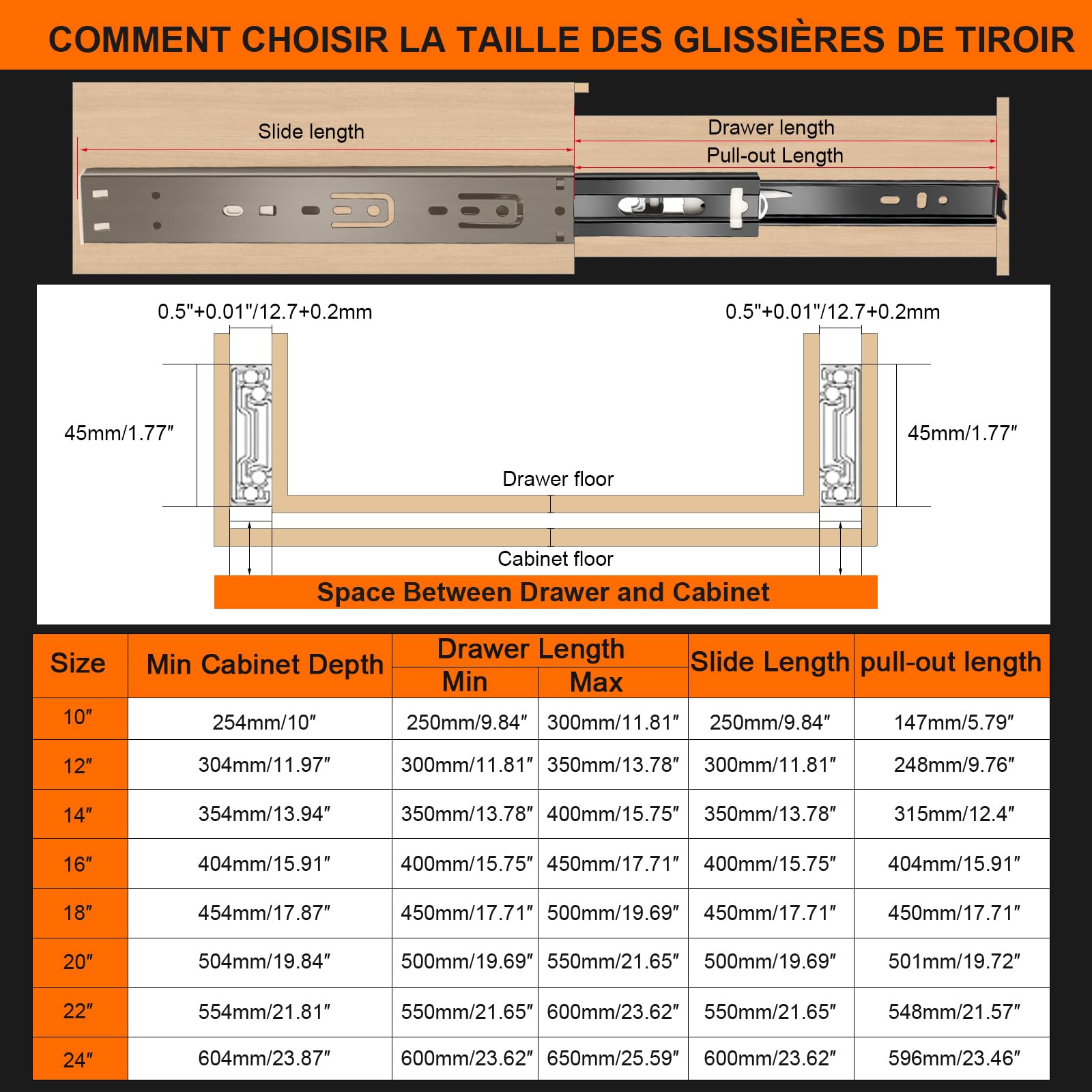 glissières de tiroir 6 paires (12 pièces),30cm glissiere pour tiroir, amortisseur coulisse tiroir avec roulements à billes, montage latéral,extension complète, capacité de charge 45 Kg,noir