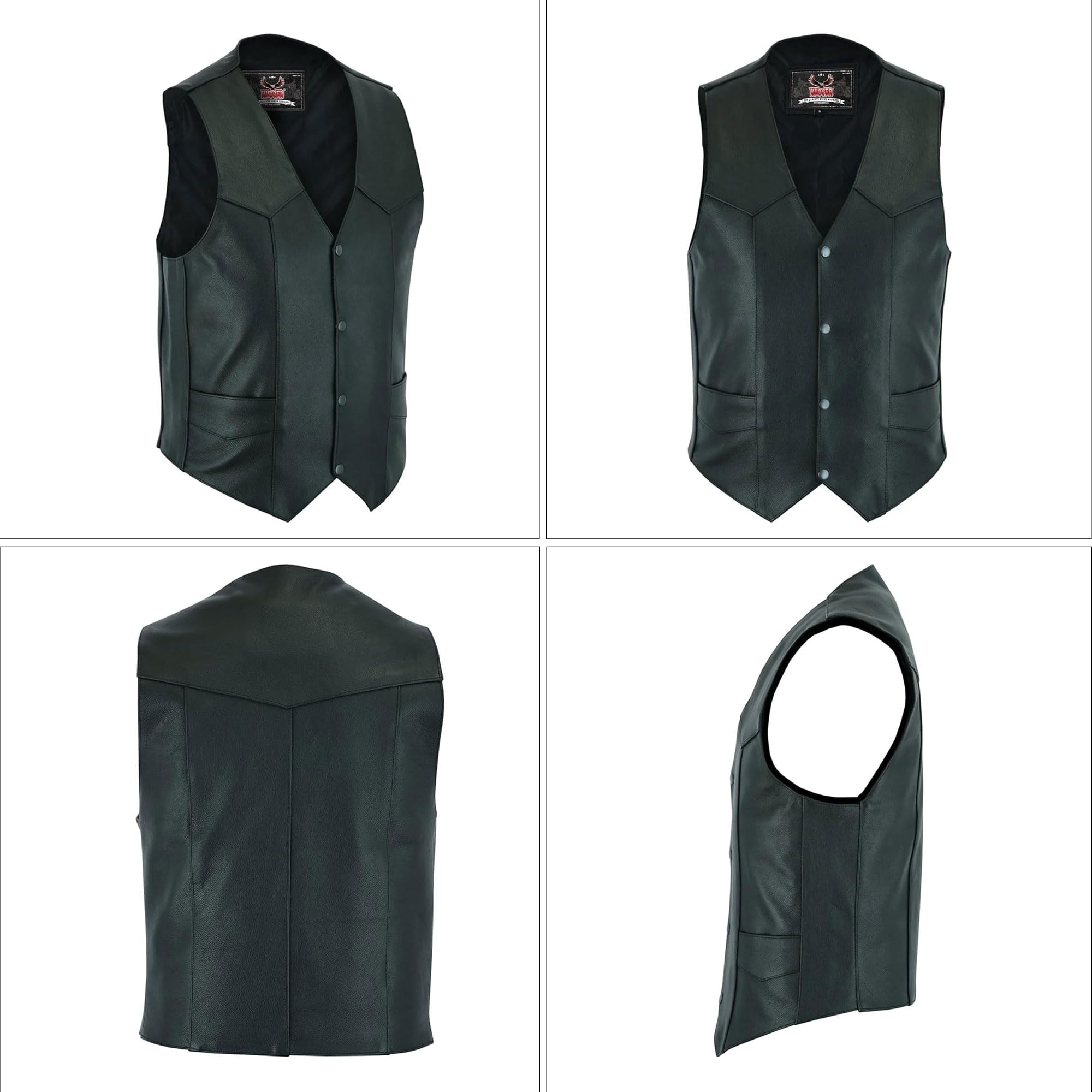 Hugger Men’s Premium Cowhide Biker Vest Black Motorcycle Club Style Vest with Multiple Pockets Sizes (38-66)