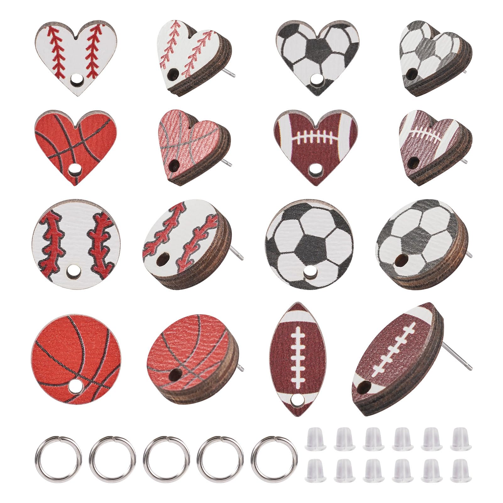 PandaHall 16pcs Sport Theme Wood Stud Earring Basketball Football Baseball Rugby Earring Posts Wooden Ear Studs for Dangle Earring Jewelry Making
