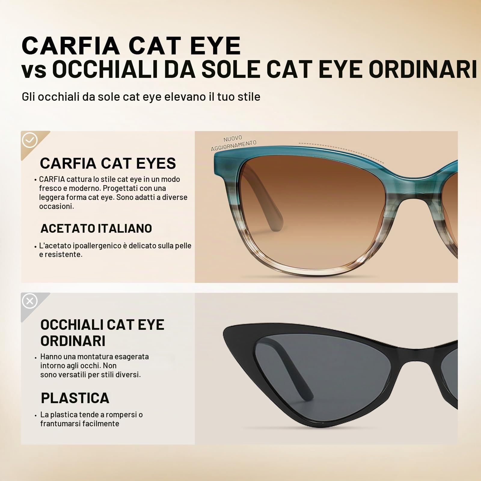 Carfia Occhiali da Sole Polarizzati da Donna UV400 Montatura Rettangolare da Donna per Corsa e Golf CA5287 | Viso di piccole e medie dimensioni, alla moda, protezione UV400, ipoallergenico, fatto a mano, per la guida di golf party