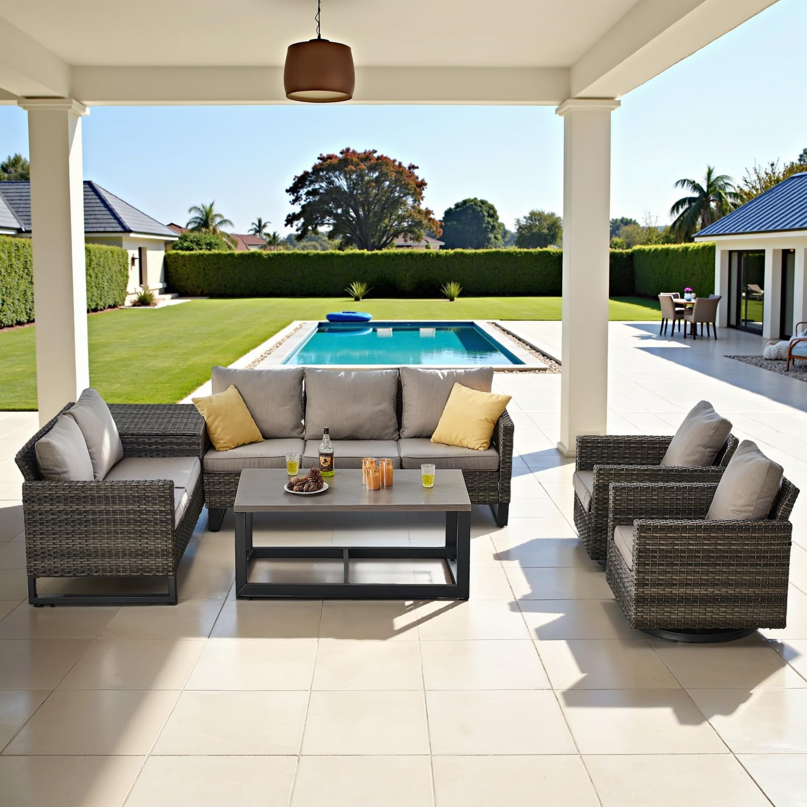 Belord Family Reunion Patio Conversation Set - 6 Piece Outdoor Sectional Furniture Set with Storage Box and Wicker Swivel Glider Chair Set of 2,