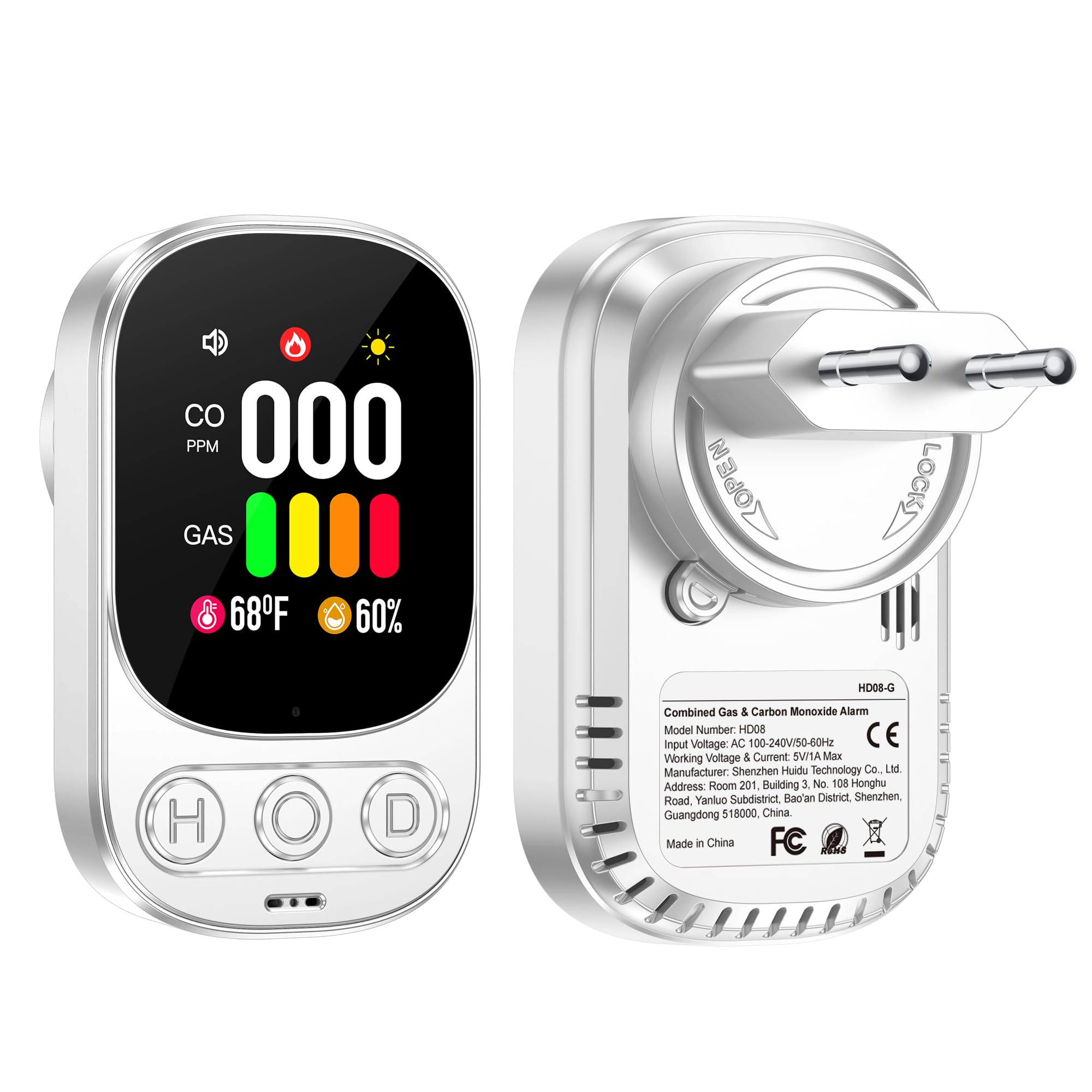 Gas- und CO-Melder mit Stecker für Haus, Gasmelder Gasalarm, Kohlenmonoxidmelder CO-Warnmelder Warner Zuhause, Brenngasmelder für Erdgas LPG Methan Propan Butan, Weiß, HD08-G