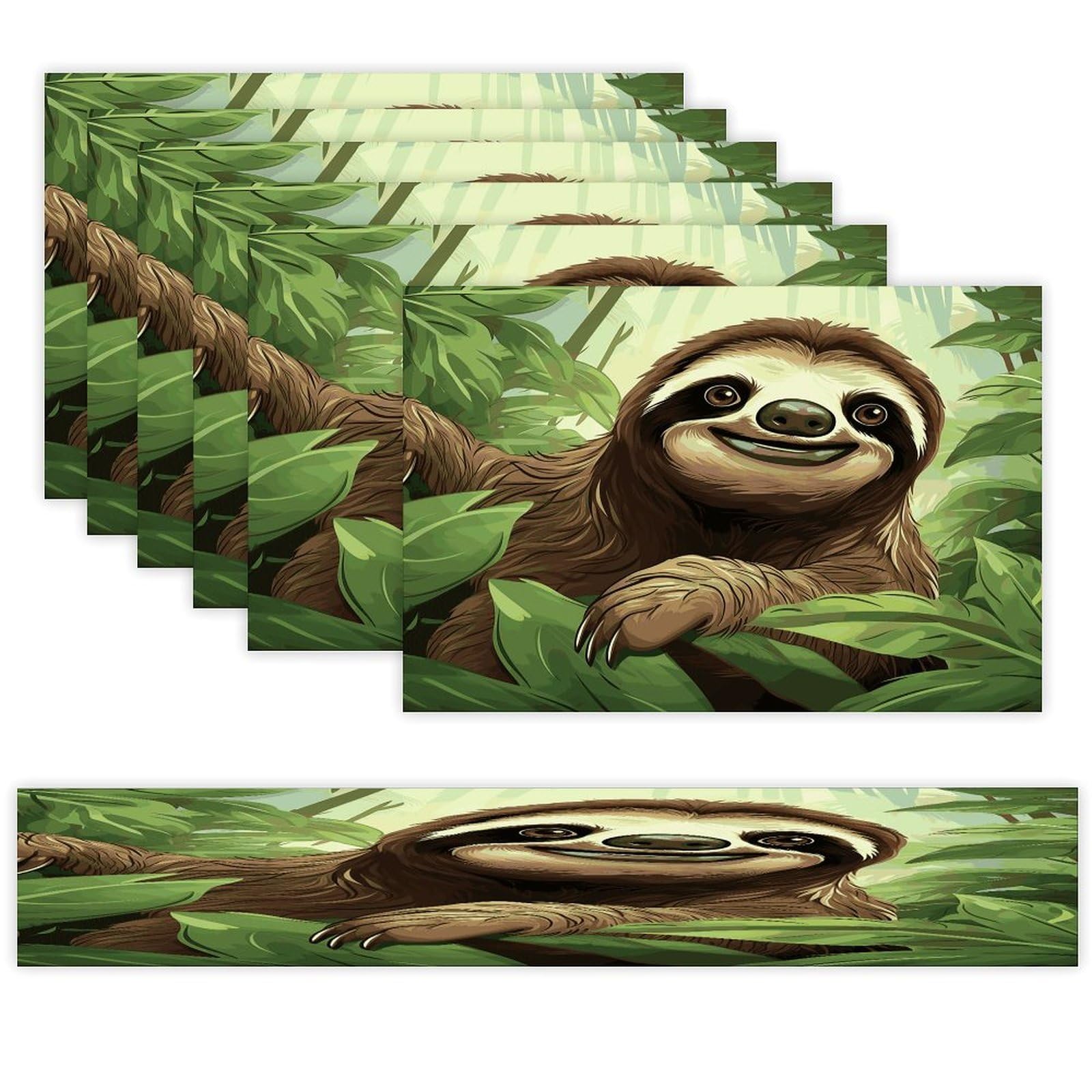 Sloths Background Table Runner and Placemats Set of 6 for Kitchen Washable Table Mats Heat Resistant Place Mats Non-Slip Place Mat Wipeable Placemat(6 Placemats+1 Table Runner)