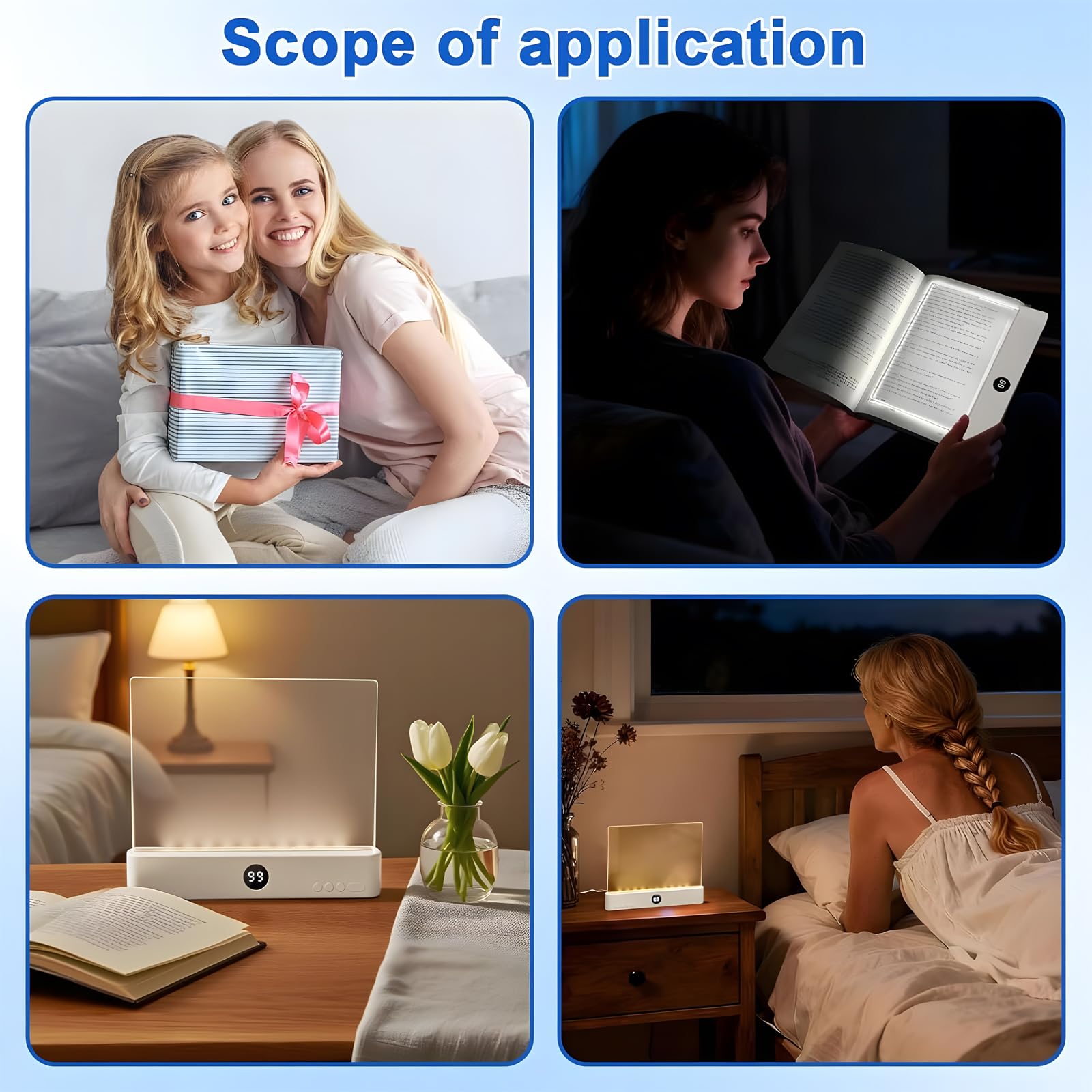 Luce per libro, luce da lettura con clip per libri, ricaricabile a LED trasparente, luci piatte per leggere a letto di notte, con 3 colori e timer, luce da lettura, pannello dimmerabile, luce a pagina