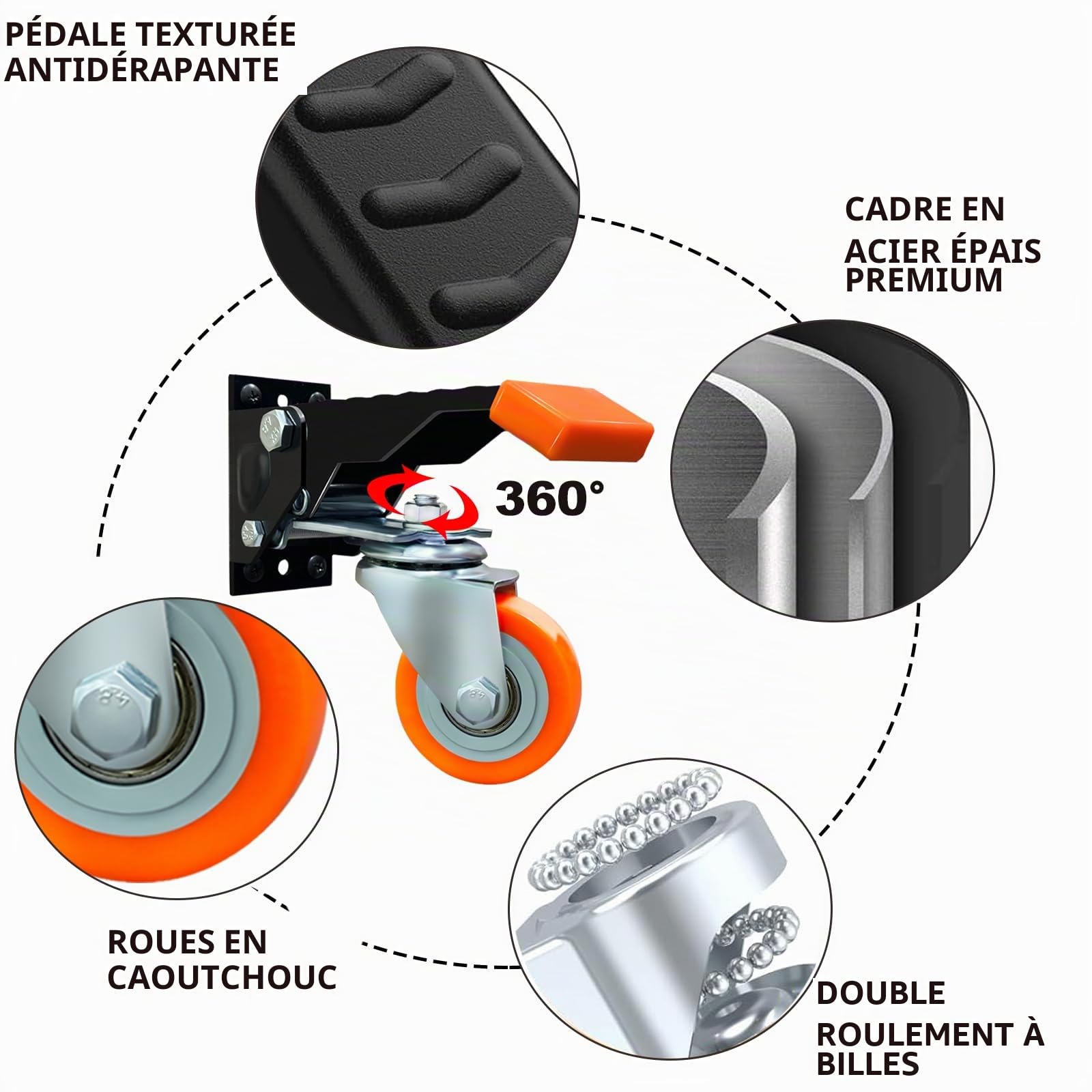 Lot de 4 Roulette Charge Lourde, 65 mm Roulettes pour Meubles, Roulettes Pivotantes Capacité de 300kg, Roulettes de Transport avec Fonction de Levage et d'abaissement pour Établis, Chariots